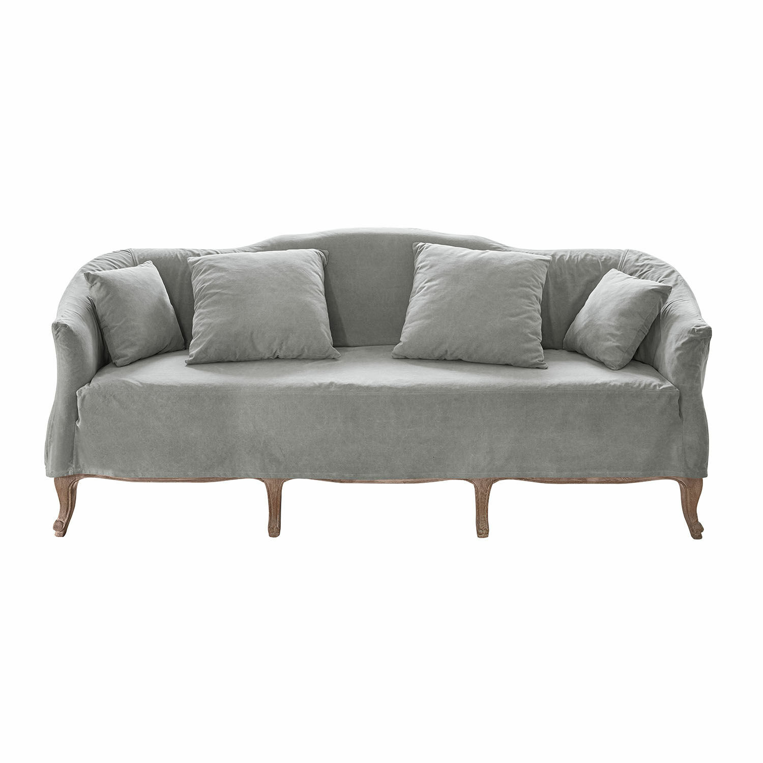 Šedá pohovka Meadowstone z měkkého materiálu s dřevěnými nohami, pohodlné polštáře, moderní design