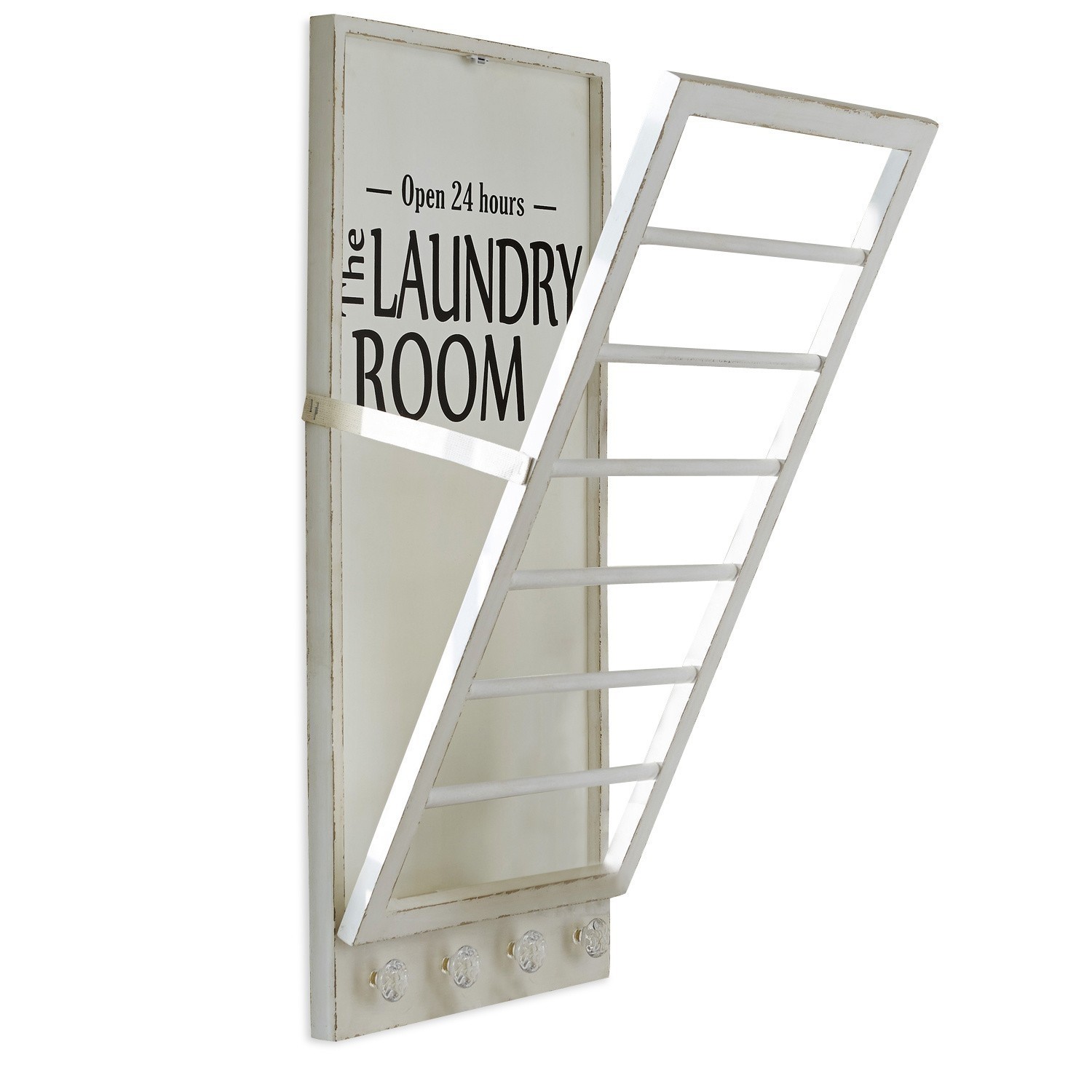 Držák na ručník Laundry Room Bílý dřevěný věšák s nápisem Laundry Room a kovovou sušákovou mříží