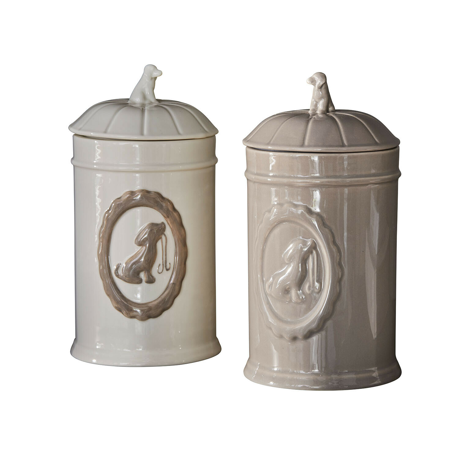 Keramické dózy na pamlsky pro psy v krémové a béžové barvě s motivem psa