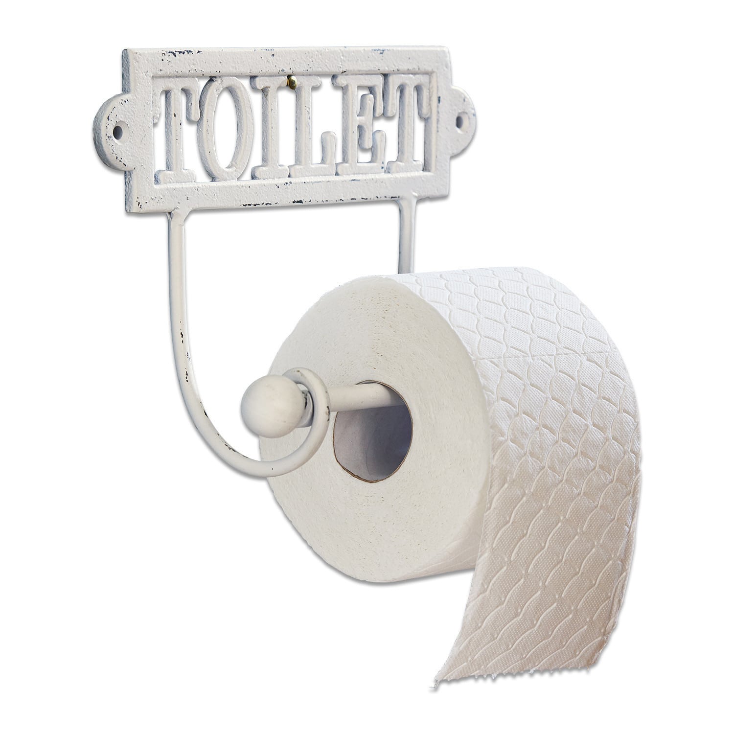 Držák na toaletní papír Miramas Bílý kovový držák toaletního papíru s nápisem TOILET ve vintage stylu do koupelny