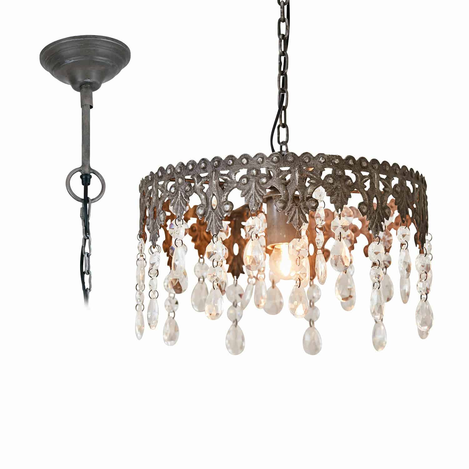 Závěsná lampa Escoire Závěsná lampa z patinovaného kovu s dekorativními křišťálovými přívěsky ve vintage stylu
