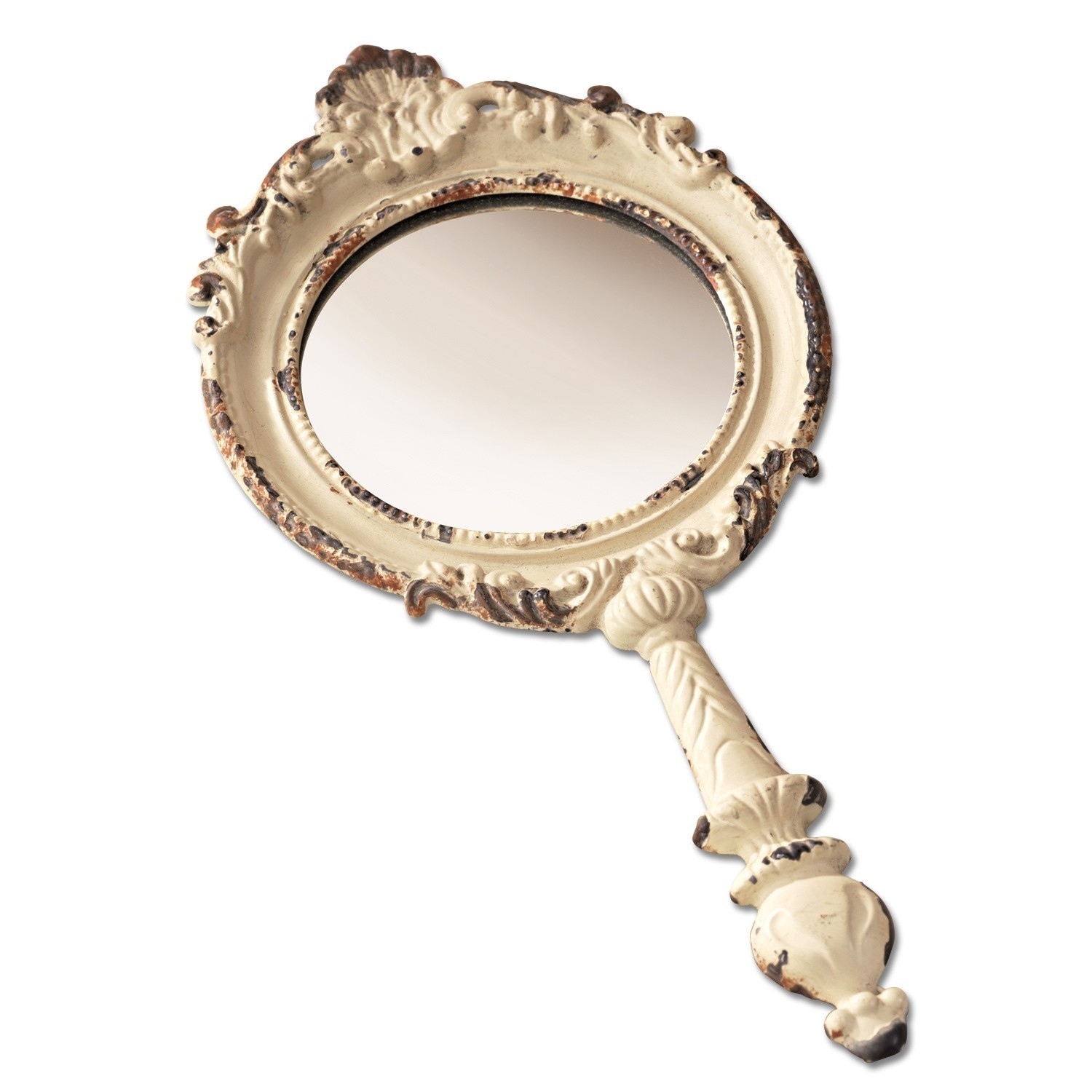 Kremové ruční zrcátko Empur s ozdobným kovovým rámem ve vintage stylu, domácí dekorace