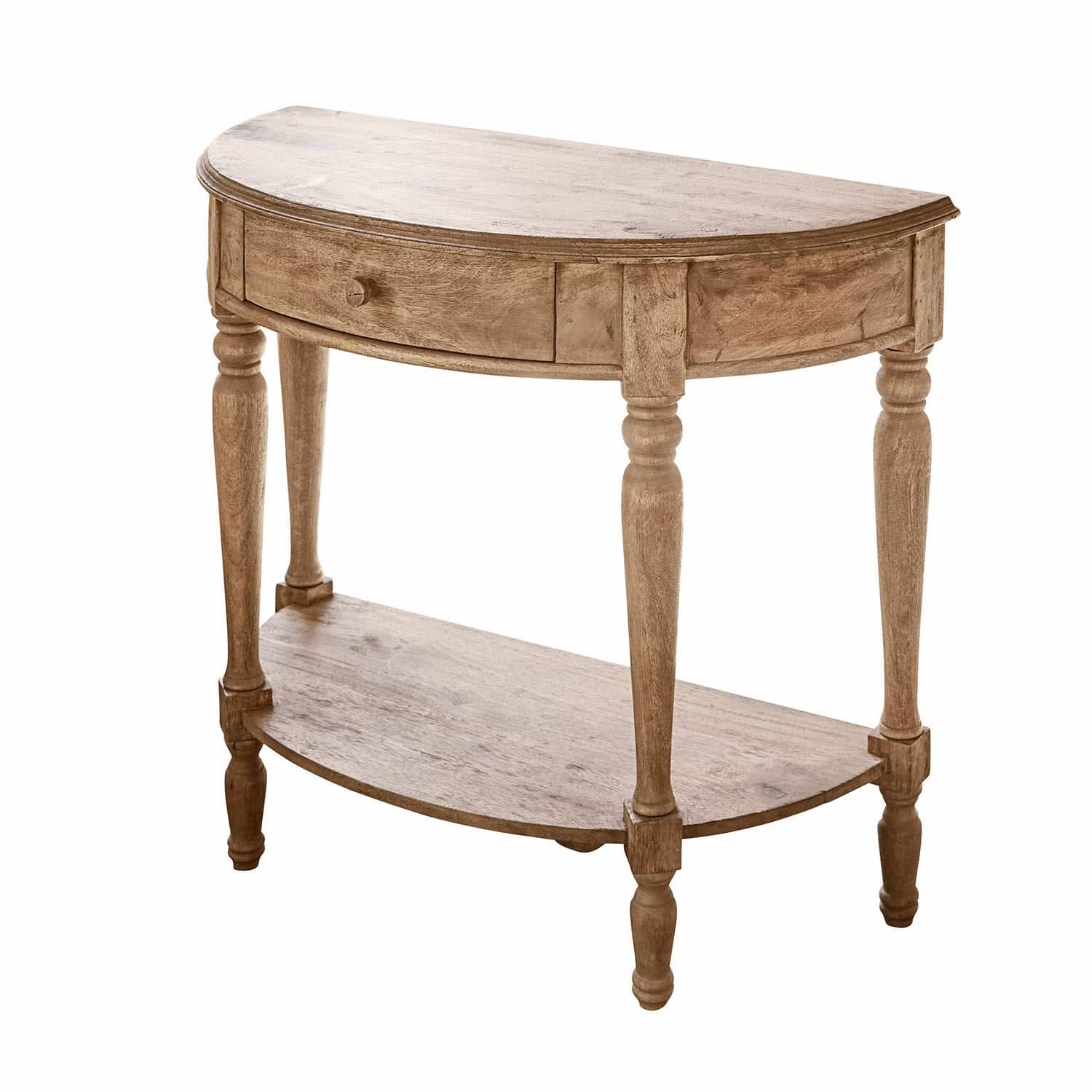 Dřevěný konzolový stolek v přírodní barvě s policí a zásuvkou, nábytek do obýváku