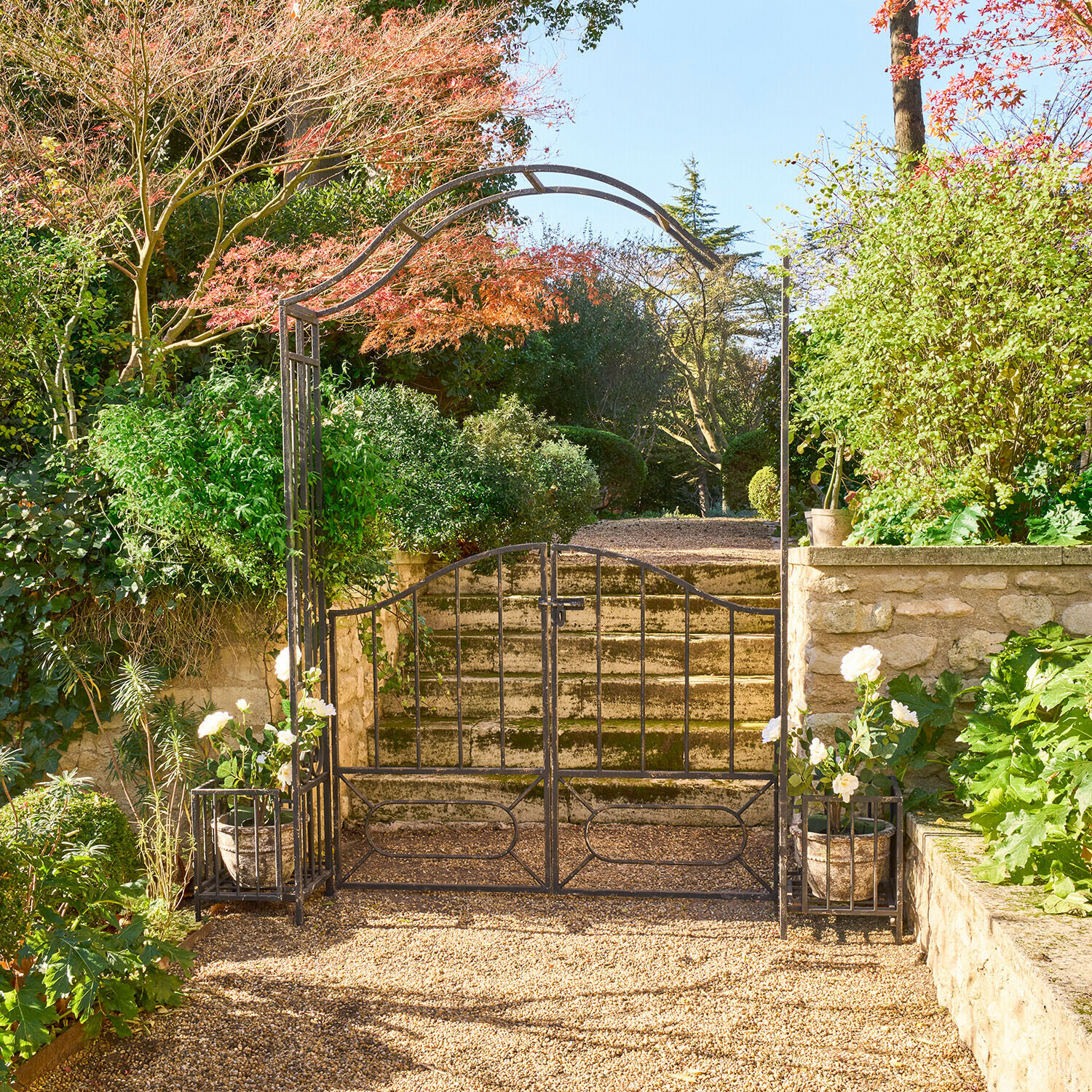 Černá kovová zahradní brána s obloukem a květináči s bílými květy na štěrkové cestě