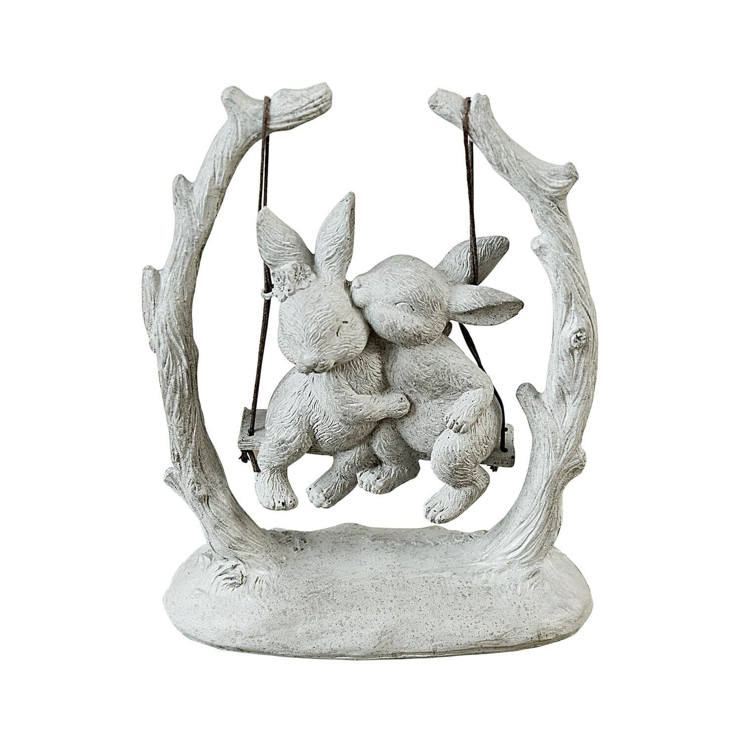 Zajíčci Nivelles Soška ze šedého kamene dvou králíků na houpačce z větví, zahradní dekorace