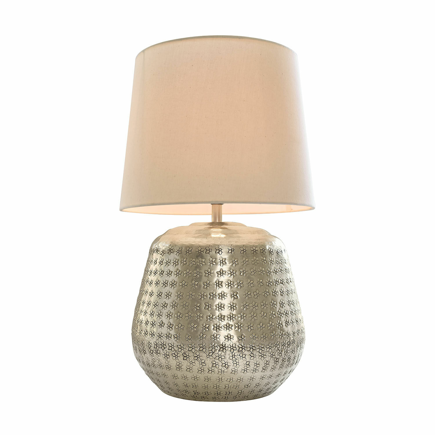 Stolní lampa Blancos Stolní lampa se stříbrnou kovovou základnou s motivem a béžovým stínidlem, interiérové osvětlení