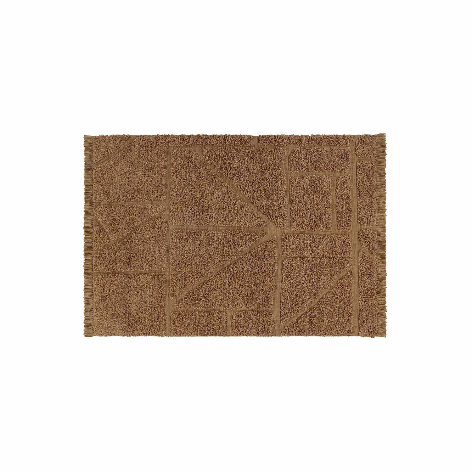 Hnědá bavlněná koupelnová předložka s geometrickým vzorem a třásněmi na okrajích