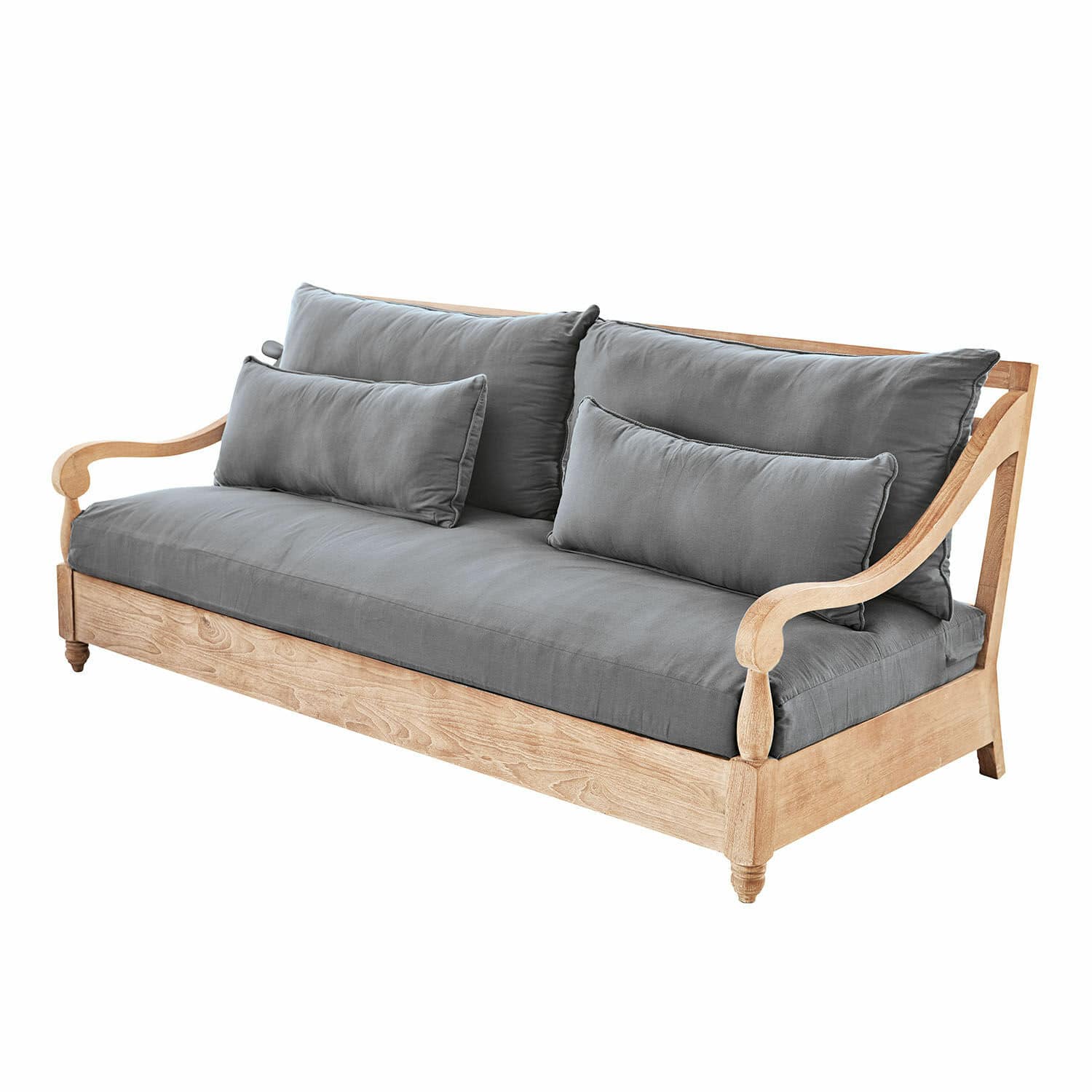 Pohovka Montcassin Sofa z jasného dřeva se šedými polštáři, pohodlný nábytek do obývacího pokoje, přírodní materiály
