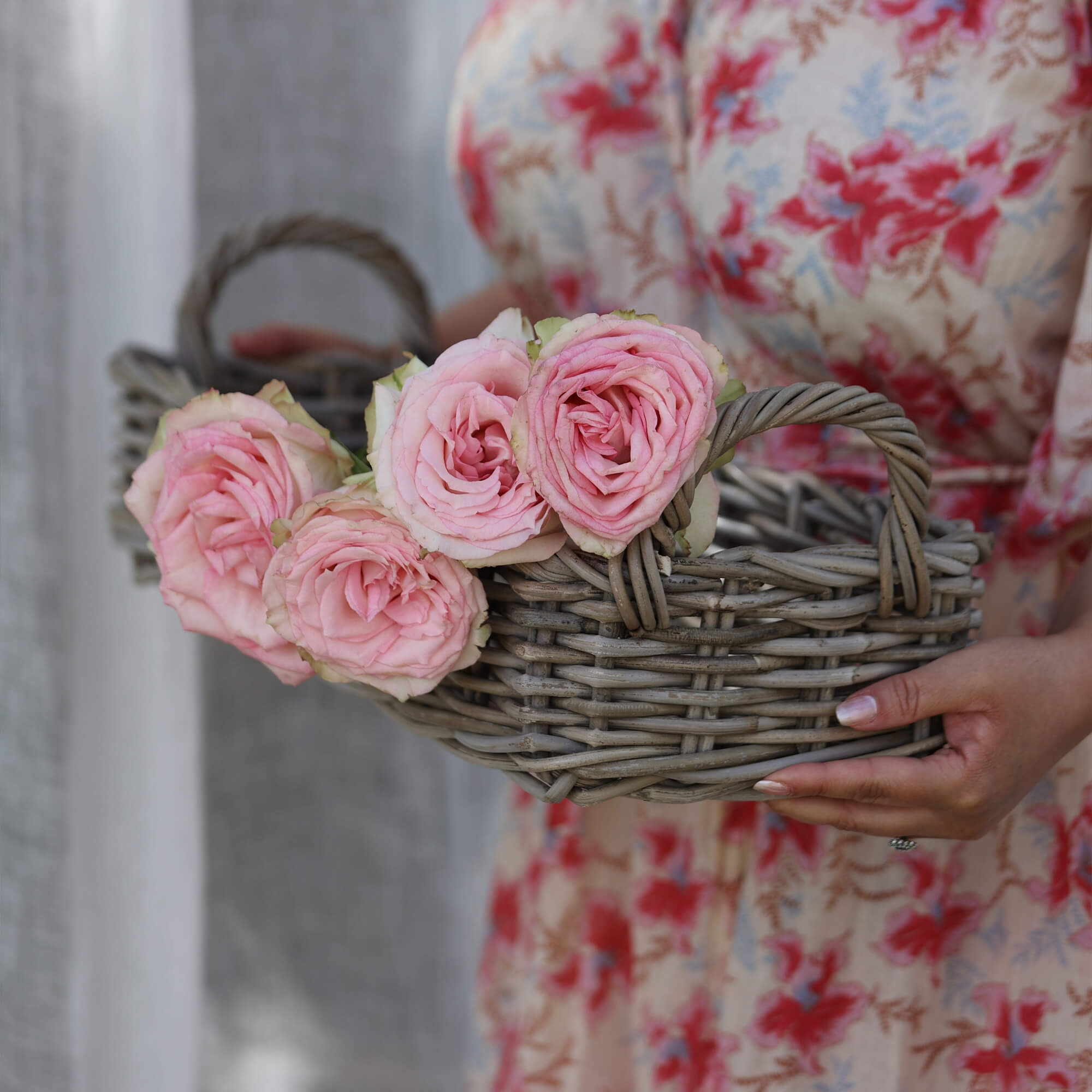 Šedý proutěný košík s růžovými růžemi držený osobou v květovaných šatech