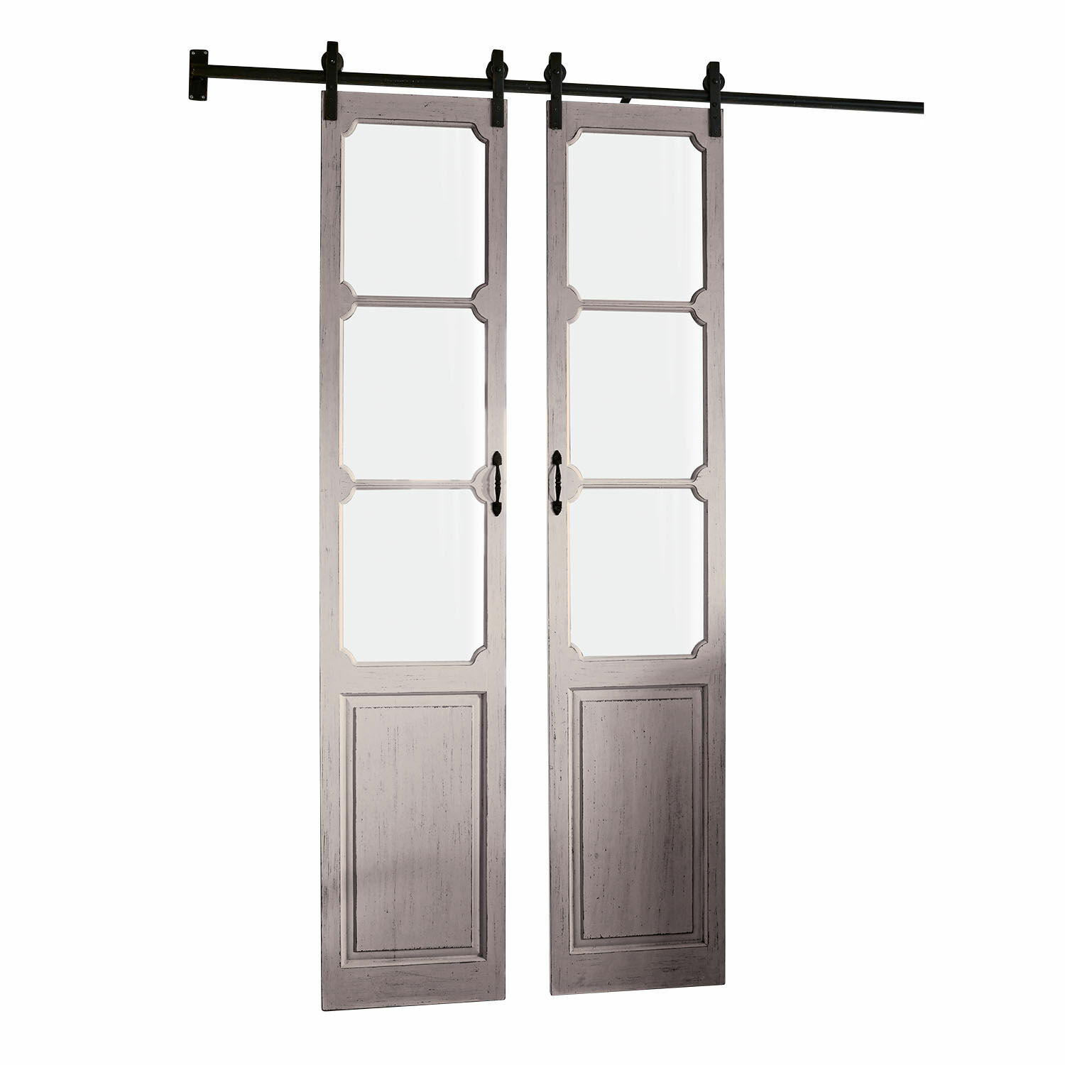 Dvojité posuvné dveře Tibout z dřeva v antik šedé barvě se skleněnými panely do interiéru