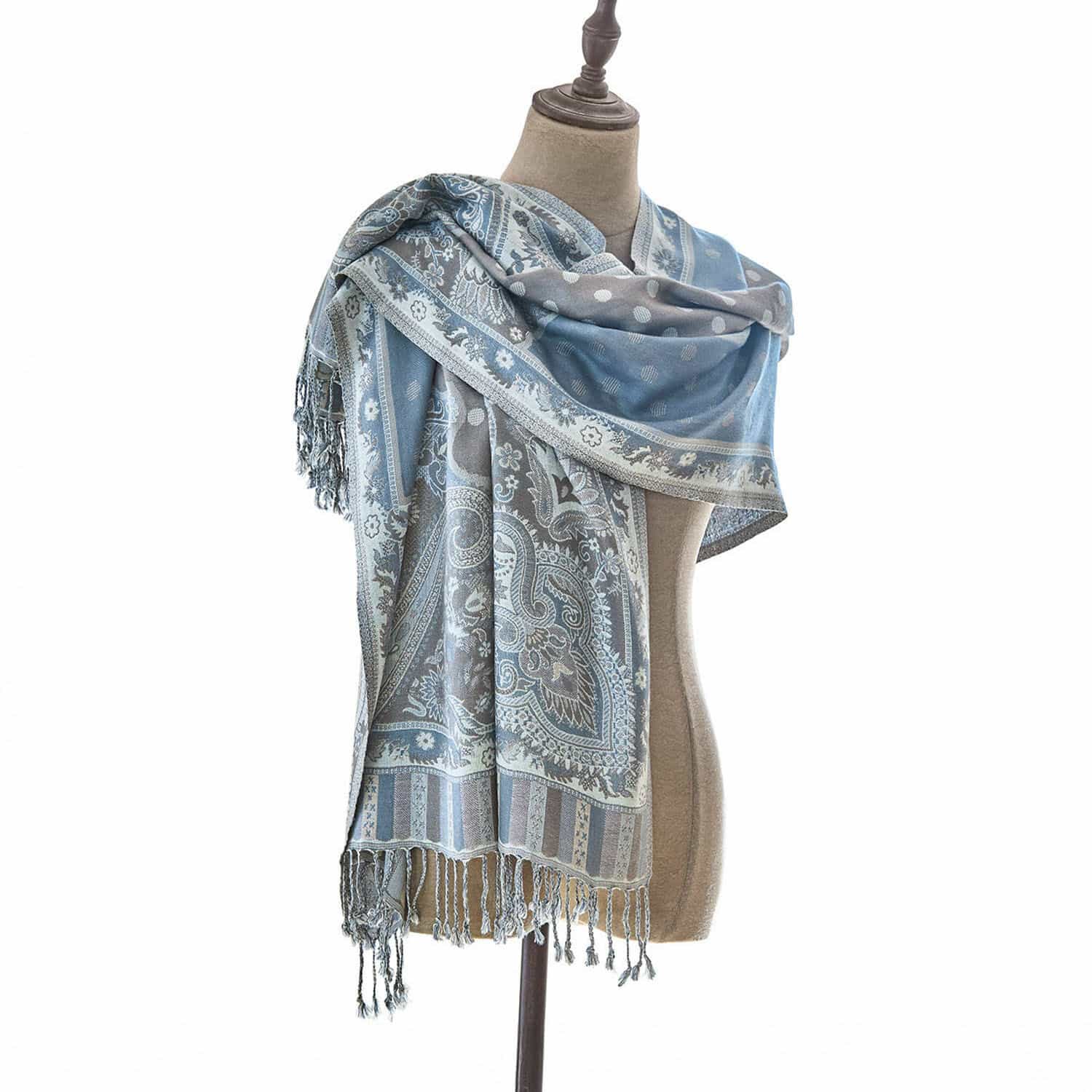 Šála Bijapur Modro-šedý šátek s paisley vzorem a třásněmi, měkký materiál, stylový módní doplněk