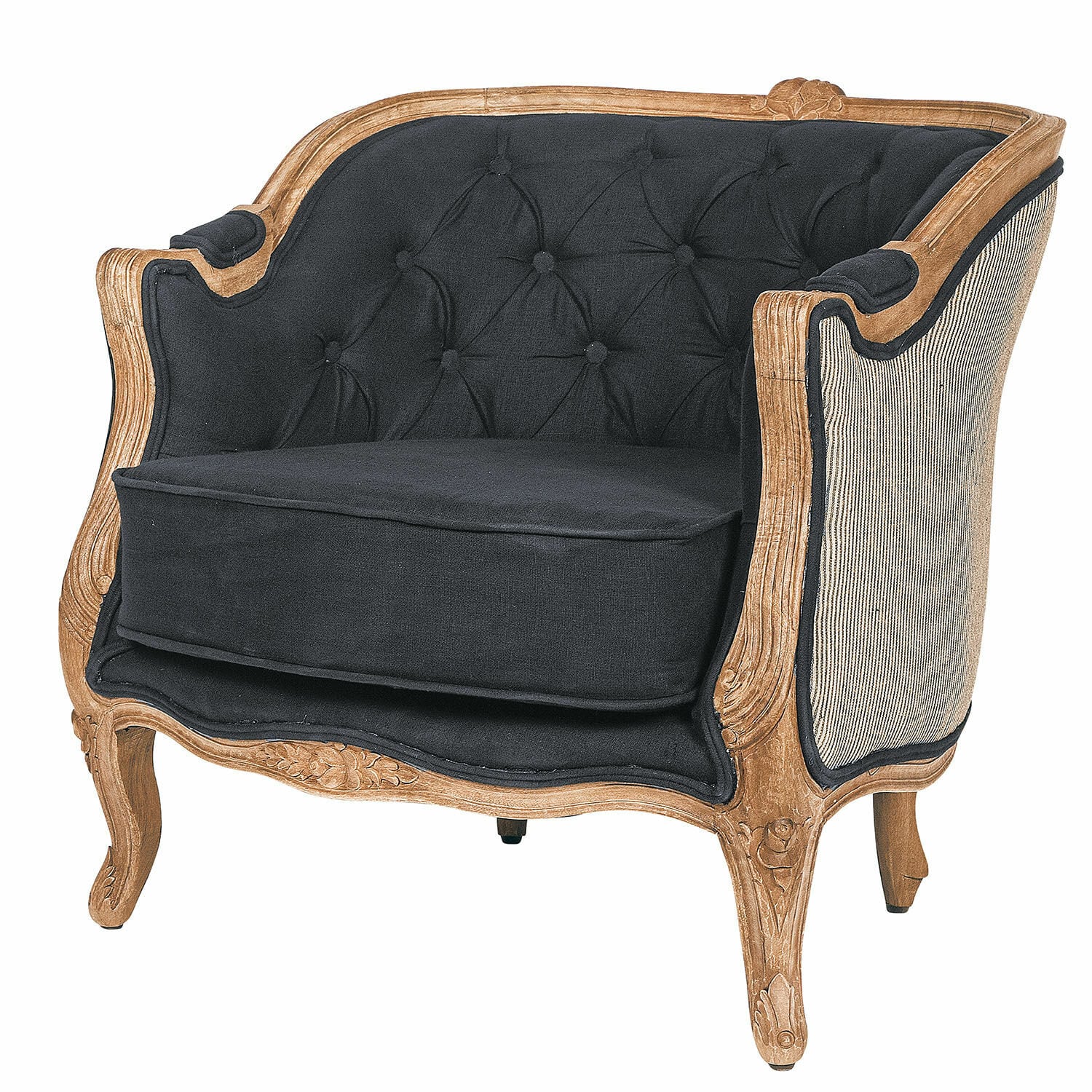 Křeslo Annezay Vintage křeslo s dřevěným rámem a černým čalouněním, elegantní nábytek do obývacího pokoje