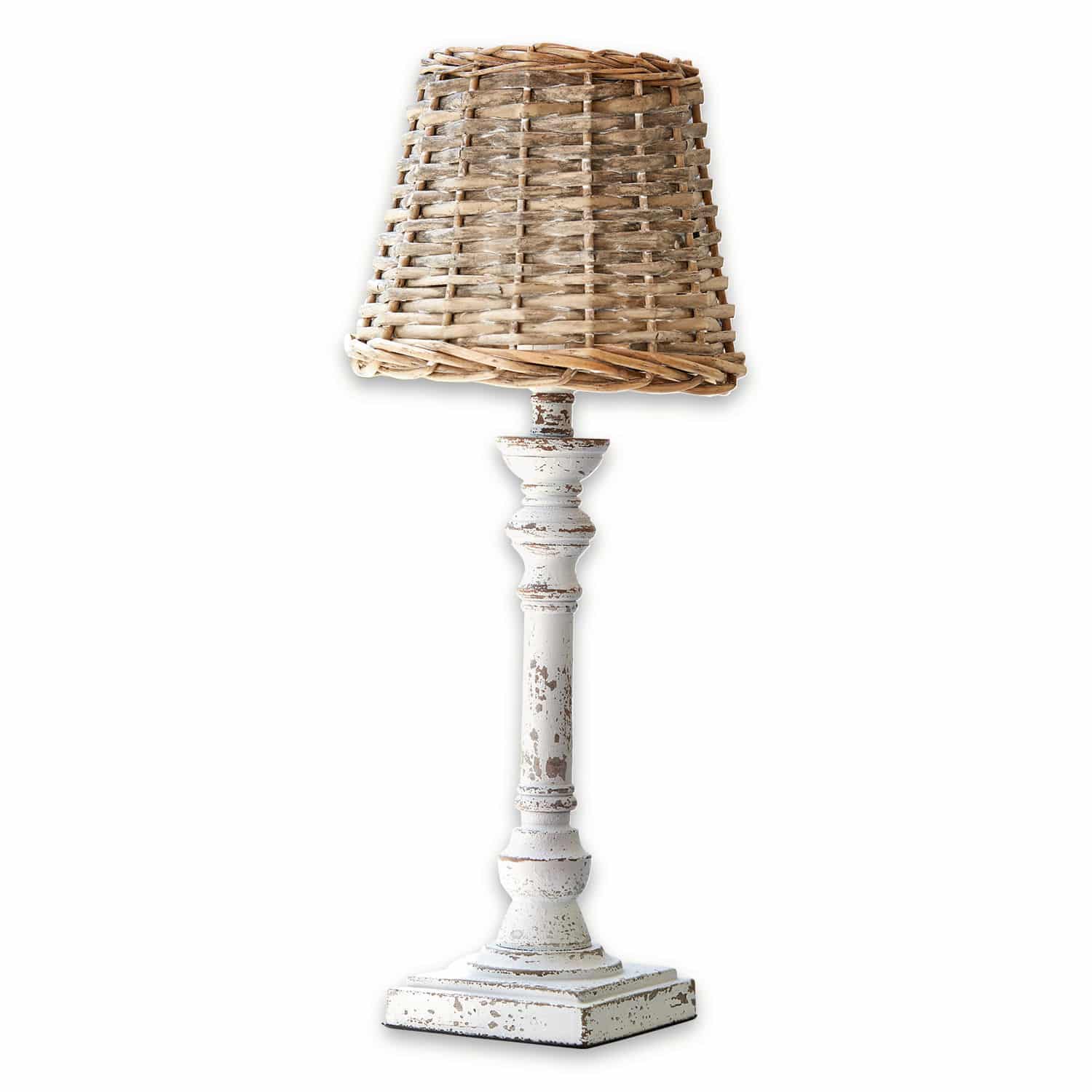 Stolní lampa Noelie Stolní lampa z bílého dřeva s patinou a přírodním proutěným stínidlem pro útulný interiér