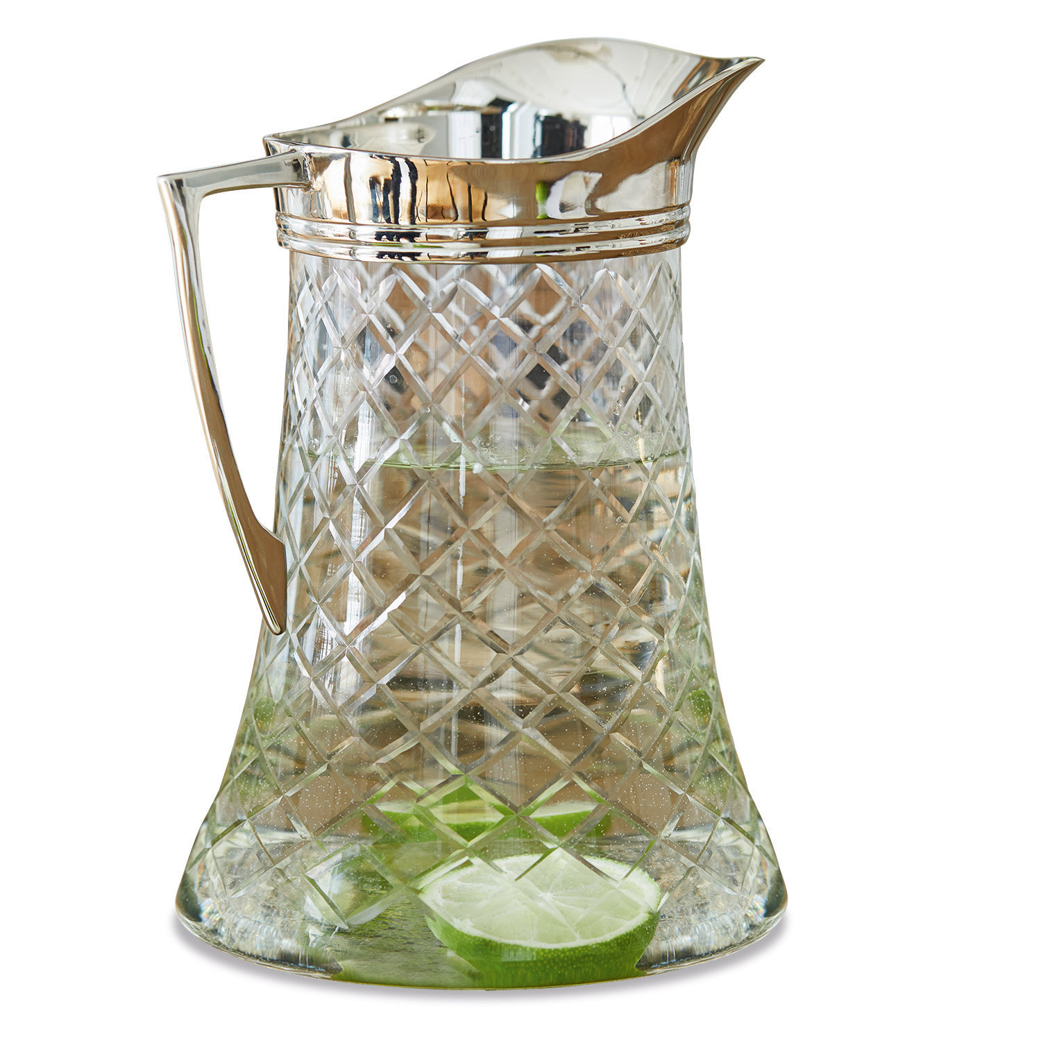 Džbán Meloisey Skleněná karafa s kovovým držadlem a výlevkou, průhledná s plátky limetky uvnitř