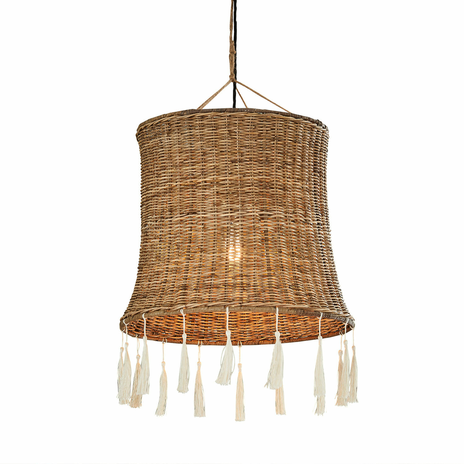 Stínítko lampy Éverill Závěsná lampa z přírodního proutí s bílými střapci, boho styl do obývacího pokoje