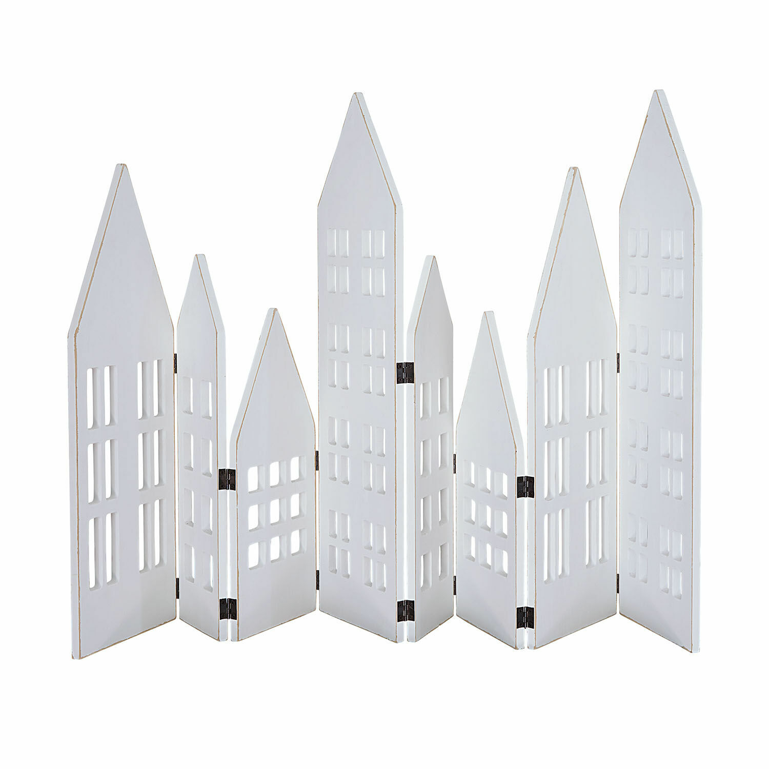 Bílý dřevěný dekorativní paravan s vyřezávanými okny ve tvaru domků, interiérová dekorace