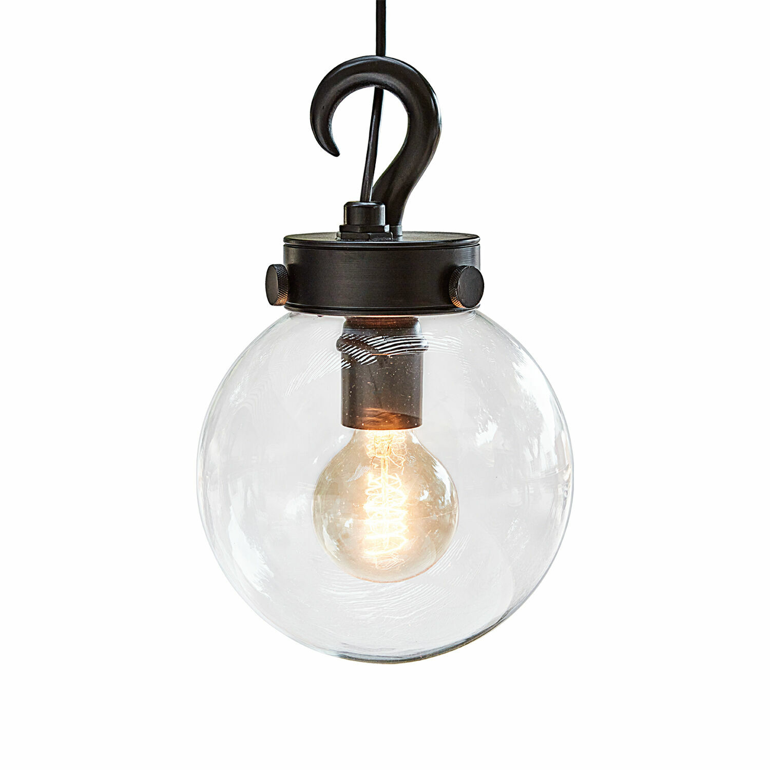 Zahradní lampa Marey z černého kovu a čirého skla, závěsná svítilna s žárovkou