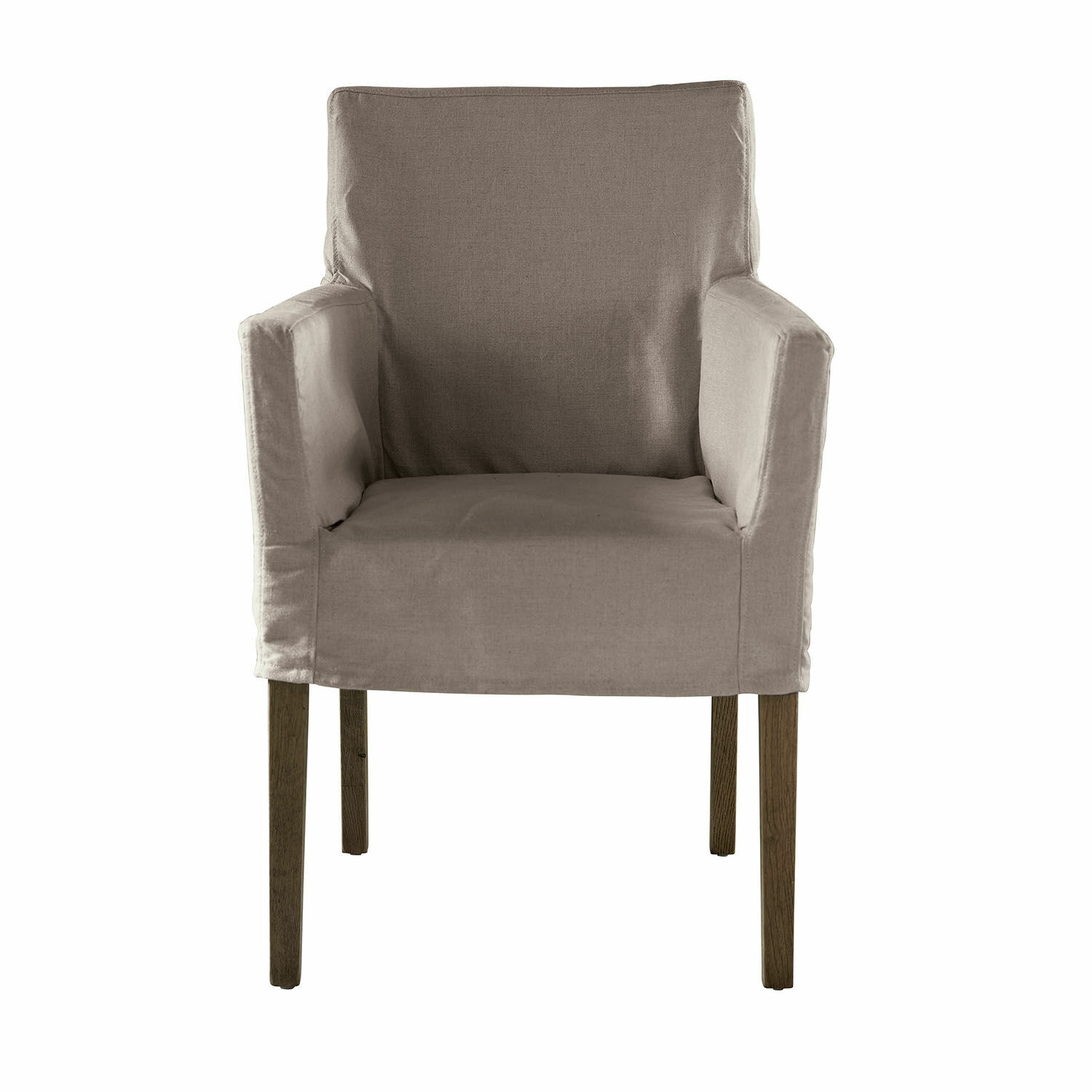 Šedé křeslo Longhill z látky s hnědýma dřevěnýma nohama, pohodlný nábytek do obýváku