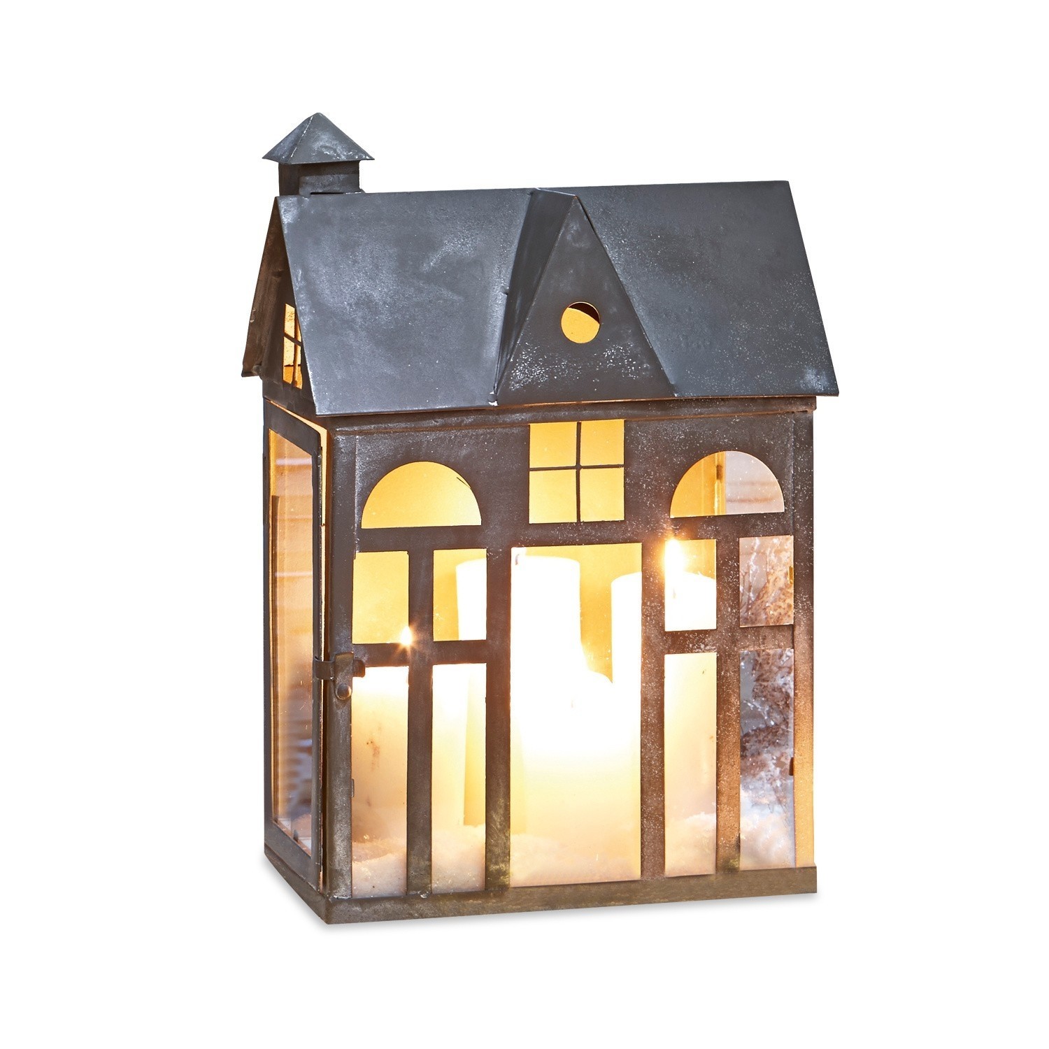 Lucerna Sweet Home Kovová lucerna ve tvaru domu s černou střechou a teplým světlem svíčky uvnitř