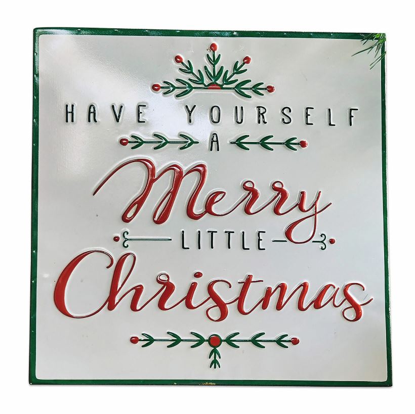 Bílá kovová cedule s vánočním nápisem Merry Christmas a zeleno-červenými ozdobami