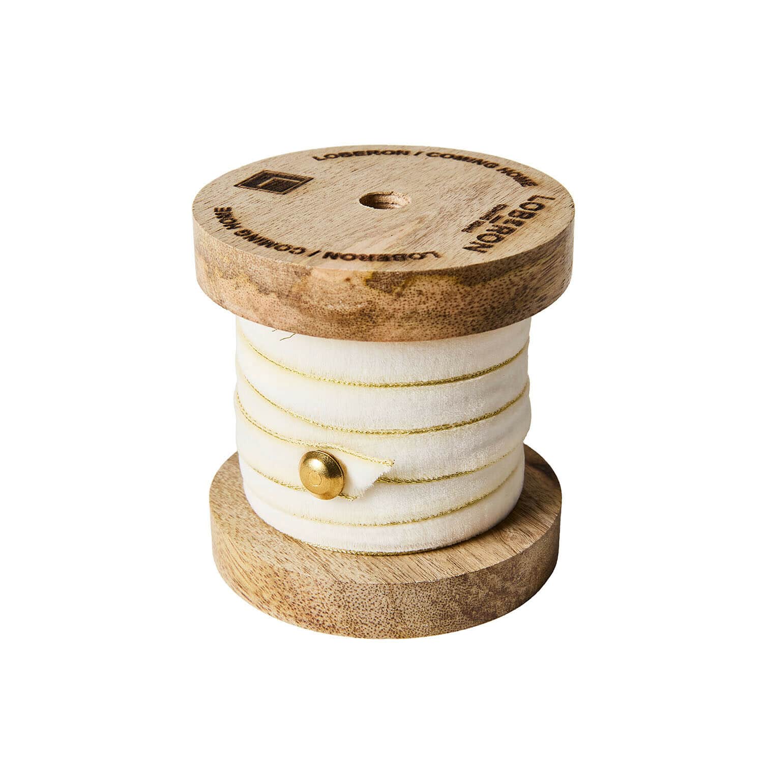 Krémová sametová stuha se zlatým proužkem na dřevěné cívce pro dekorace a řemesla