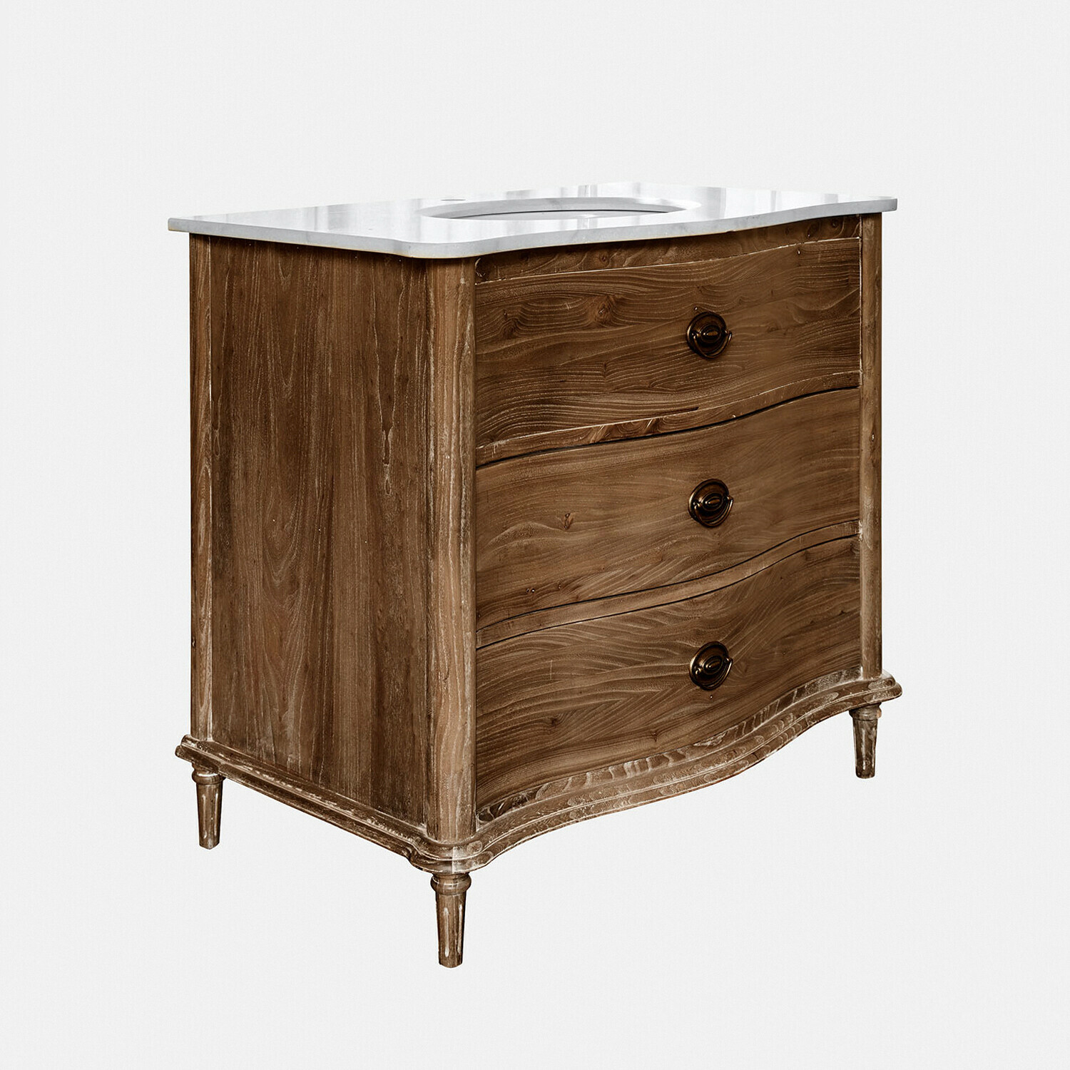 Dřevěná komoda se třemi zásuvkami a bílou mramorovou deskou, elegantní nábytek do obýváku