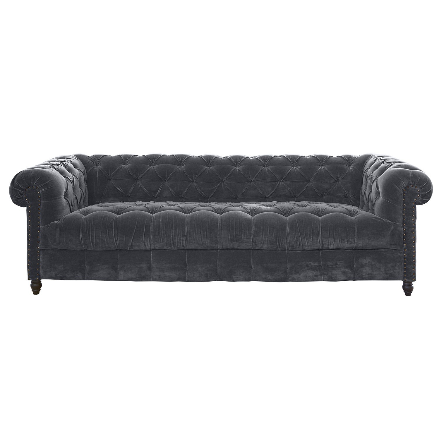 Pohovka Parpeville Šedá sametová pohovka Chesterfield s prošívaným opěradlem a dřevěnými nohami, elegantní nábytek do obýváku