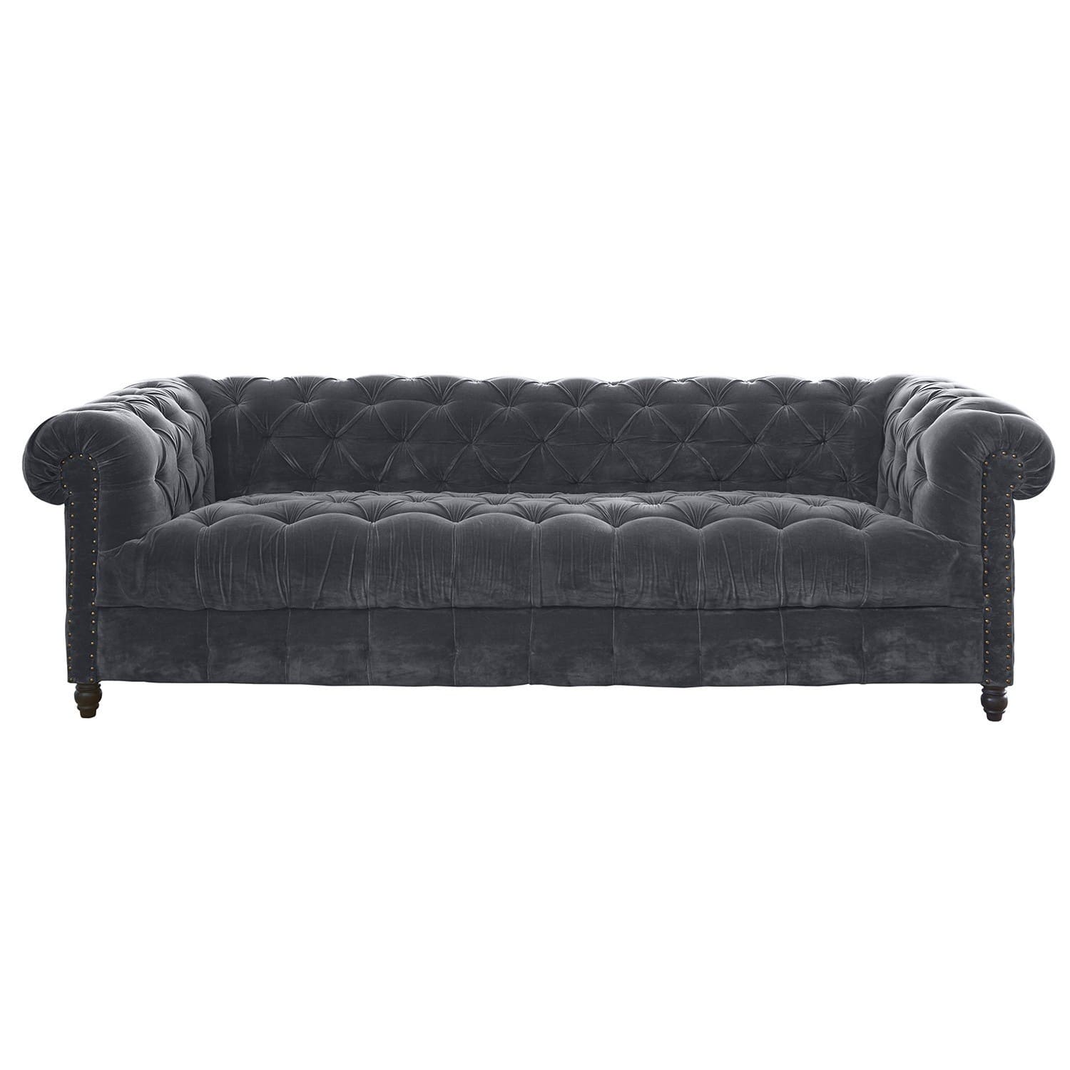 Pohovka Parpeville Šedá sametová pohovka Chesterfield s prošívaným opěradlem a dřevěnými nohami, elegantní nábytek do obýváku