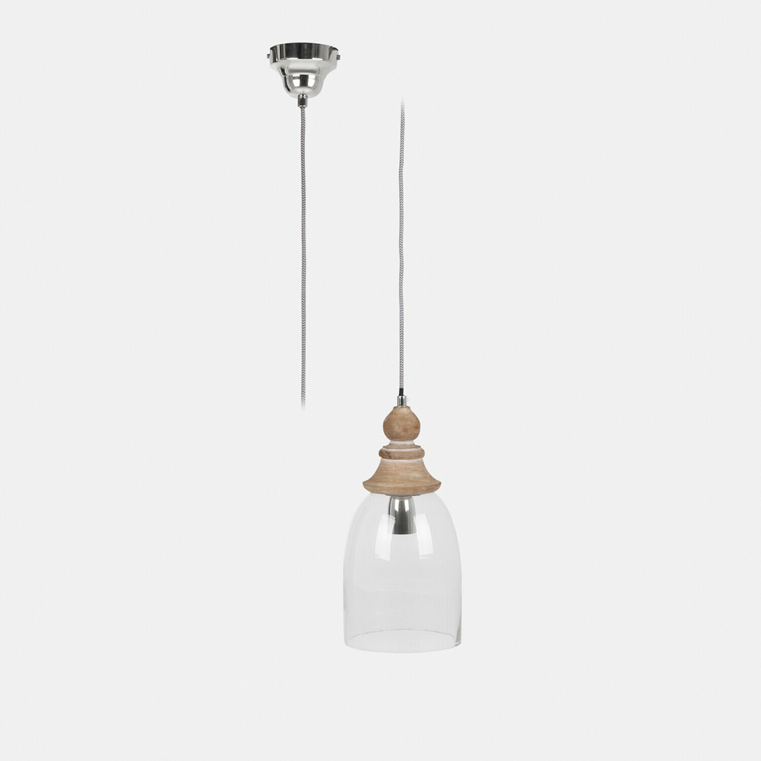 Závěsná lampa Raina Závěsné svítidlo s průhledným skleněným stínidlem a dřevěným vrškem v přírodní barvě, interiérové osvětlení