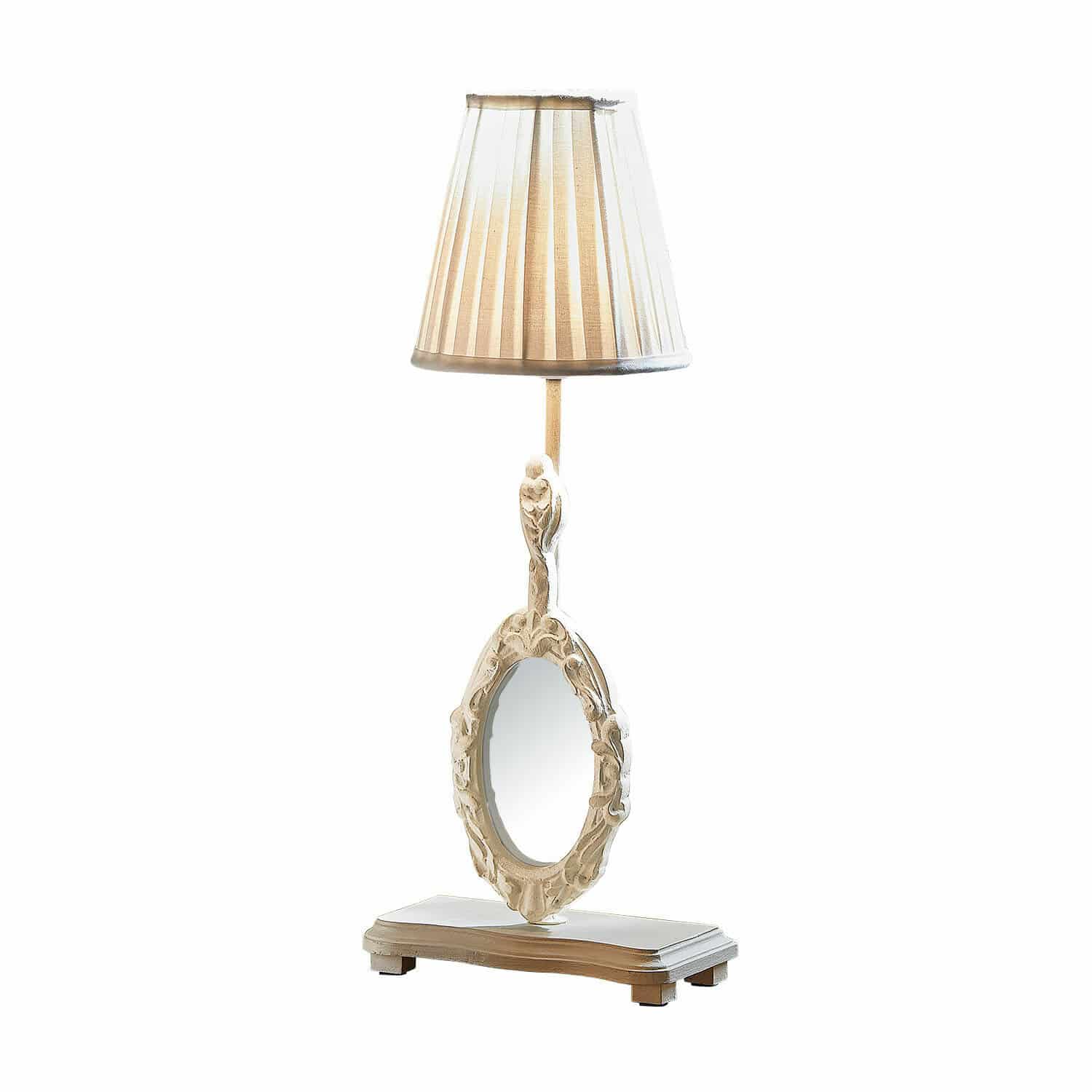 Stolní lampa se zrcátkem Brannach Stolní lampa z bílého dřeva s lampovým stínidlem a ozdobným oválným zrcadlem ve vintage stylu