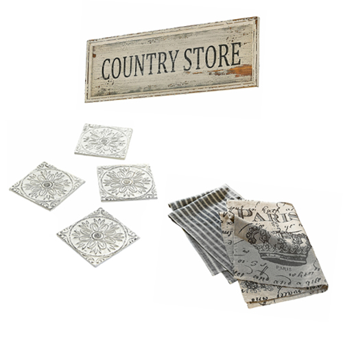 Dřevěná cedule Country Store se sadou šedých podtácků a lněných kuchyňských utěrek