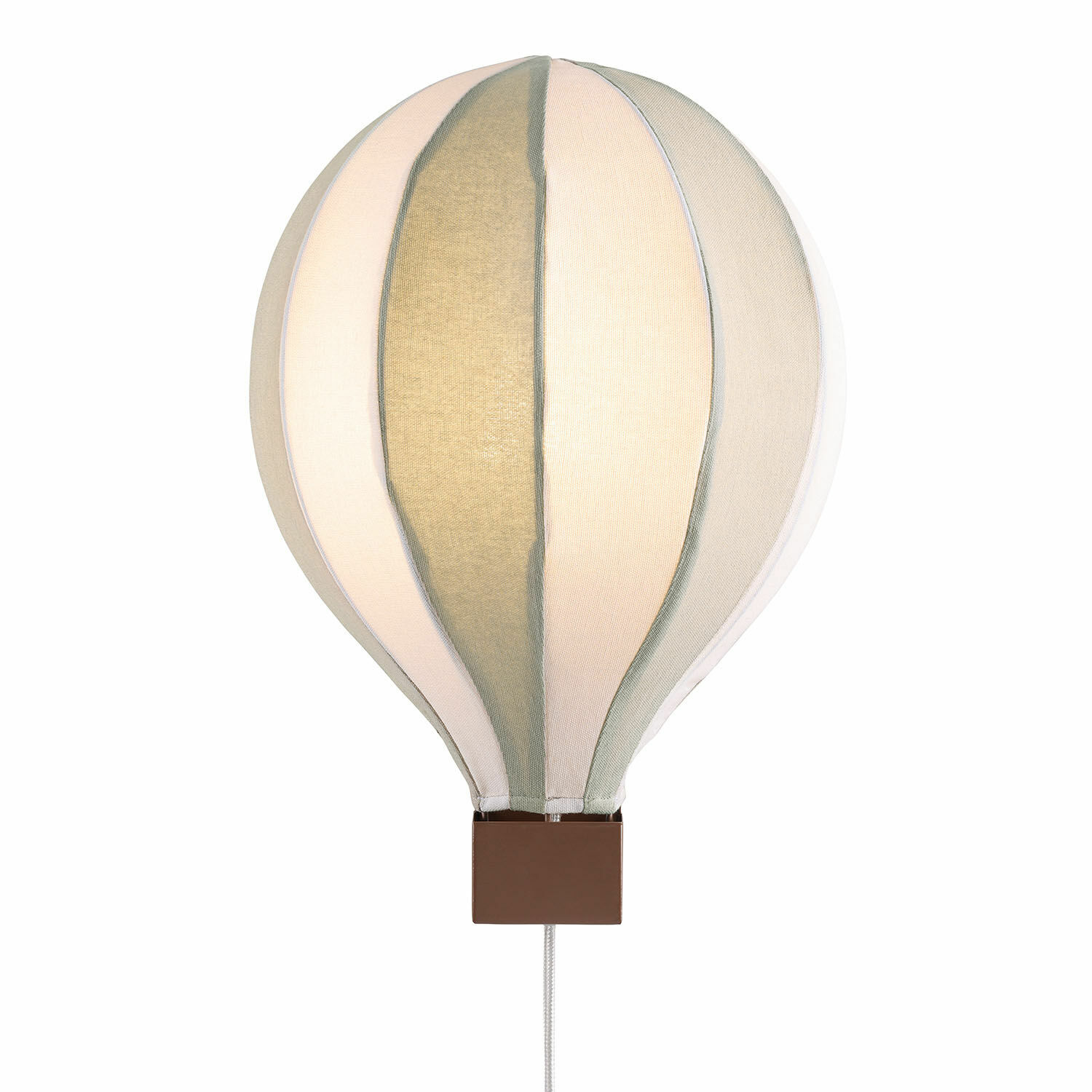 Nástěnné svítidlo Merrybean Lampa balón z látky v krémovo-zelených pruzích s hnědým košíkem, dětské pokojové osvětlení