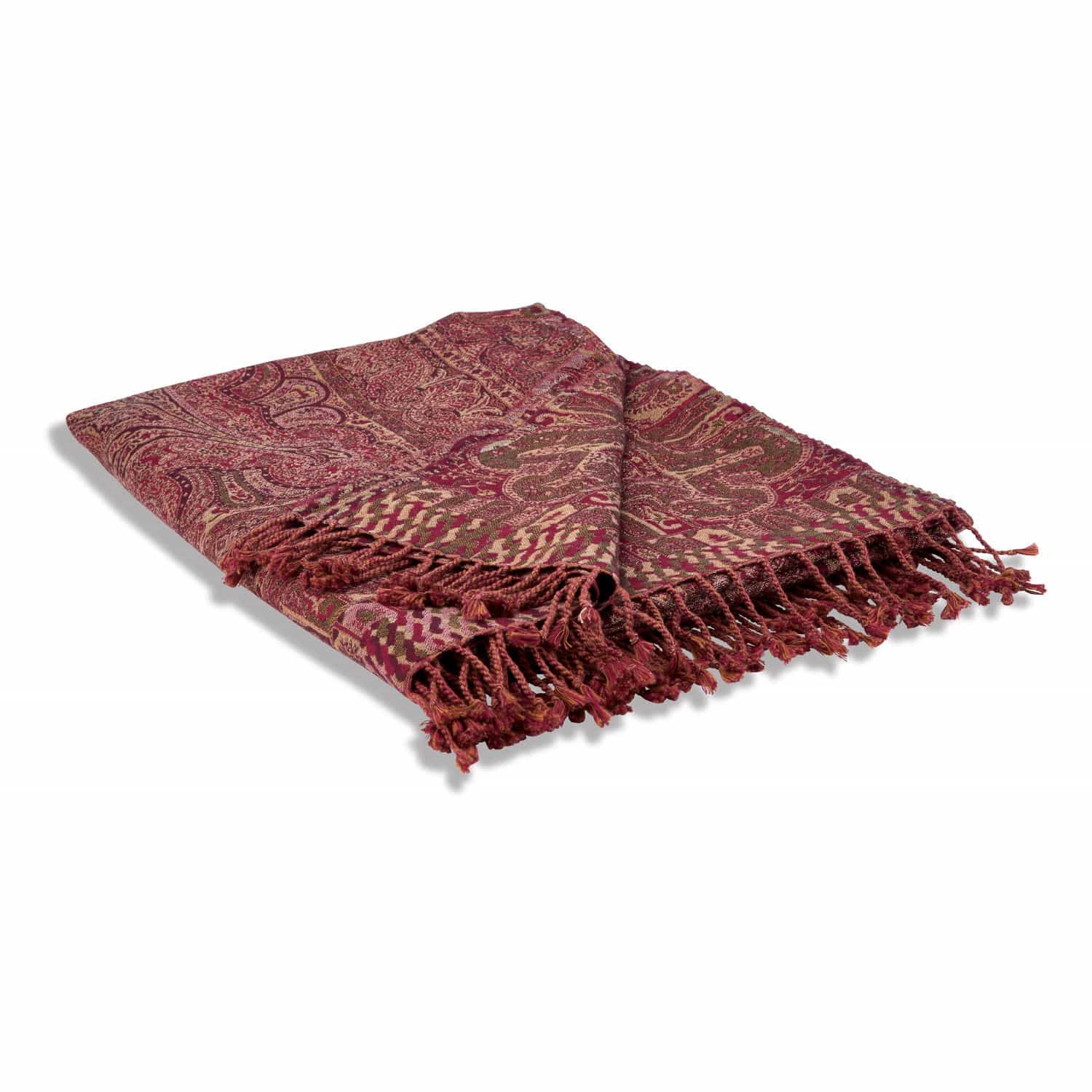 červená Červený pléd s paisley vzorem a třásněmi, měkký materiál, dekorativní deka do obýváku