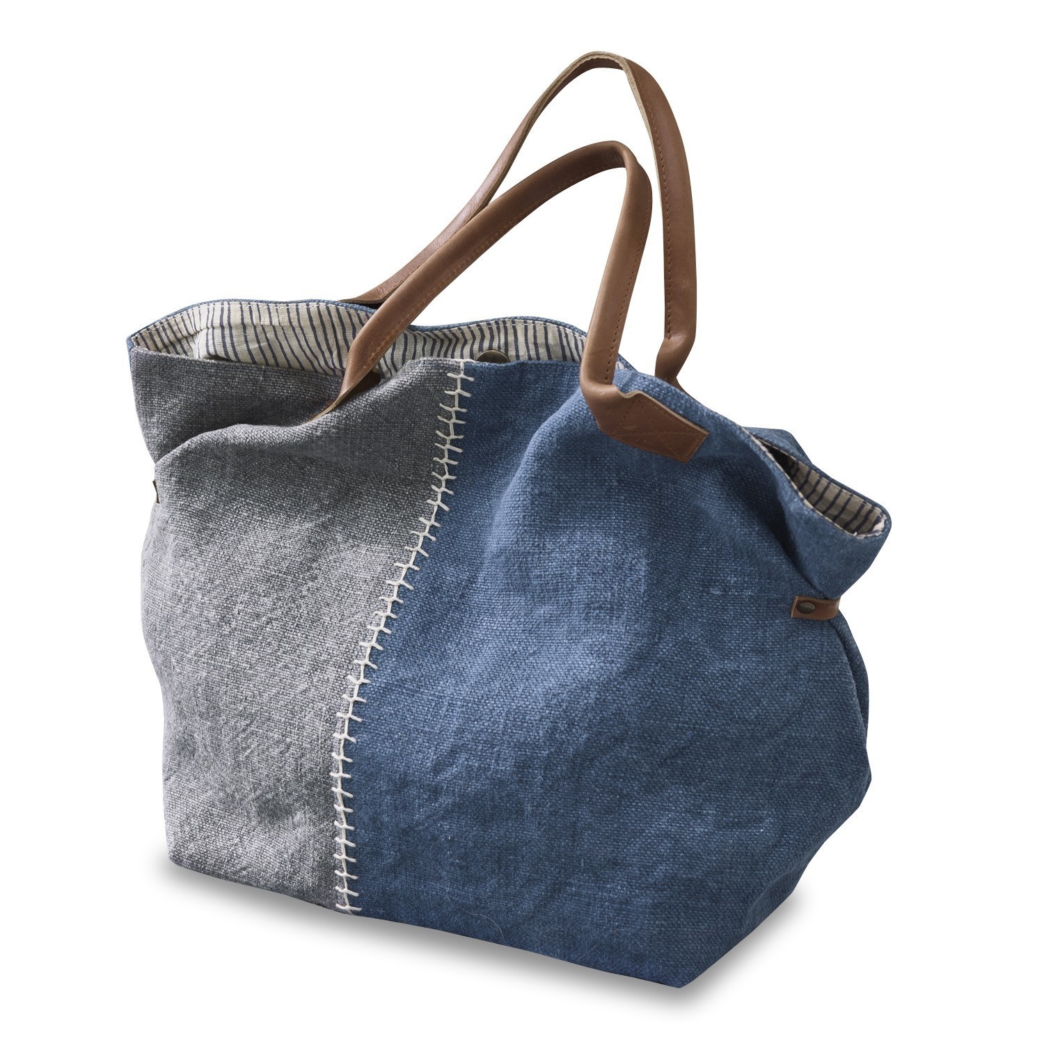 Taška Deux-Parts Taška z modré a šedé látky s hnědými koženými uchy, prostorná a praktická na denní nošení