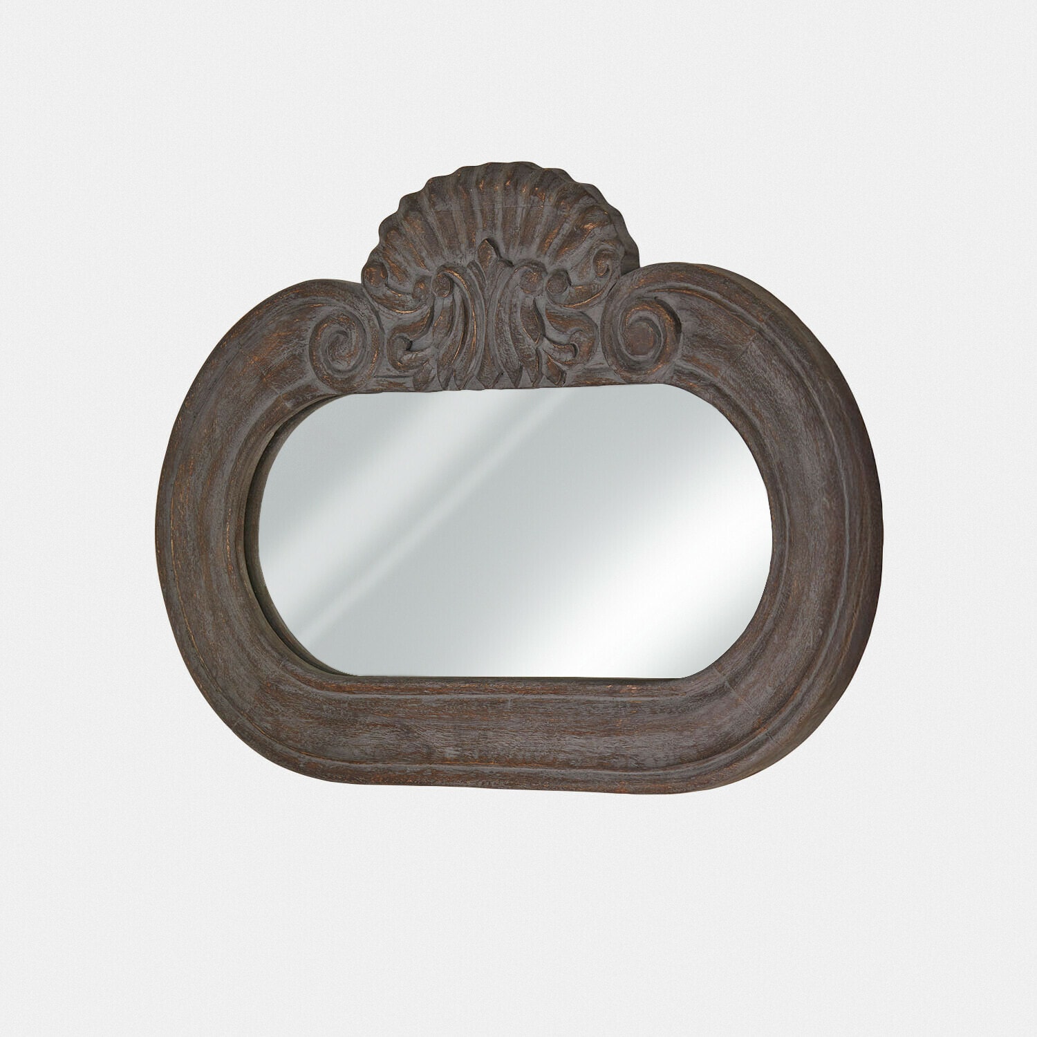 Oválné zrcadlo z tmavého dřeva s vyřezávanou mušlovou dekorací, vintage styl, nástěnná dekorace