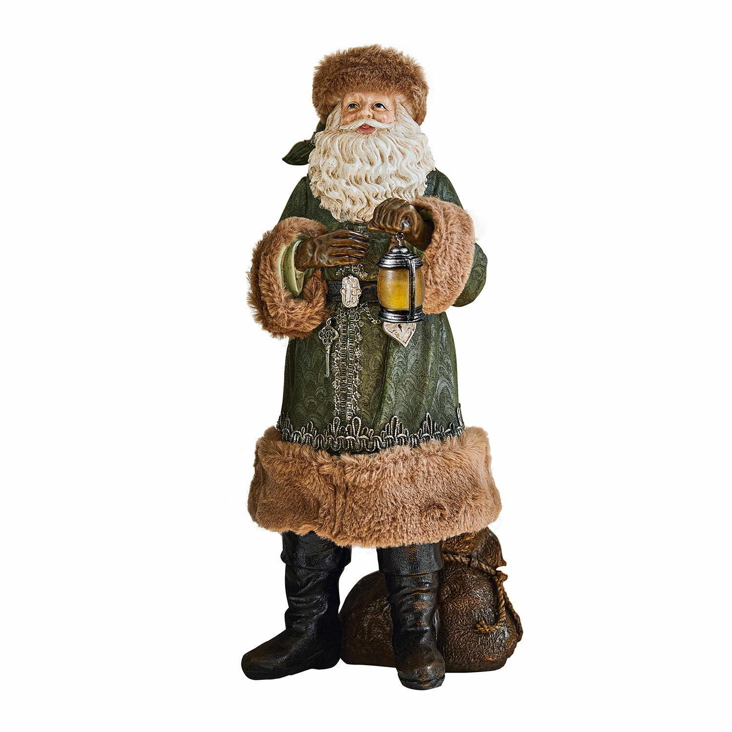 Dekorační Santa Claus Eddi Figurka Santa Clause v zeleném kabátě s kožešinou a lucernou, vánoční dekorace