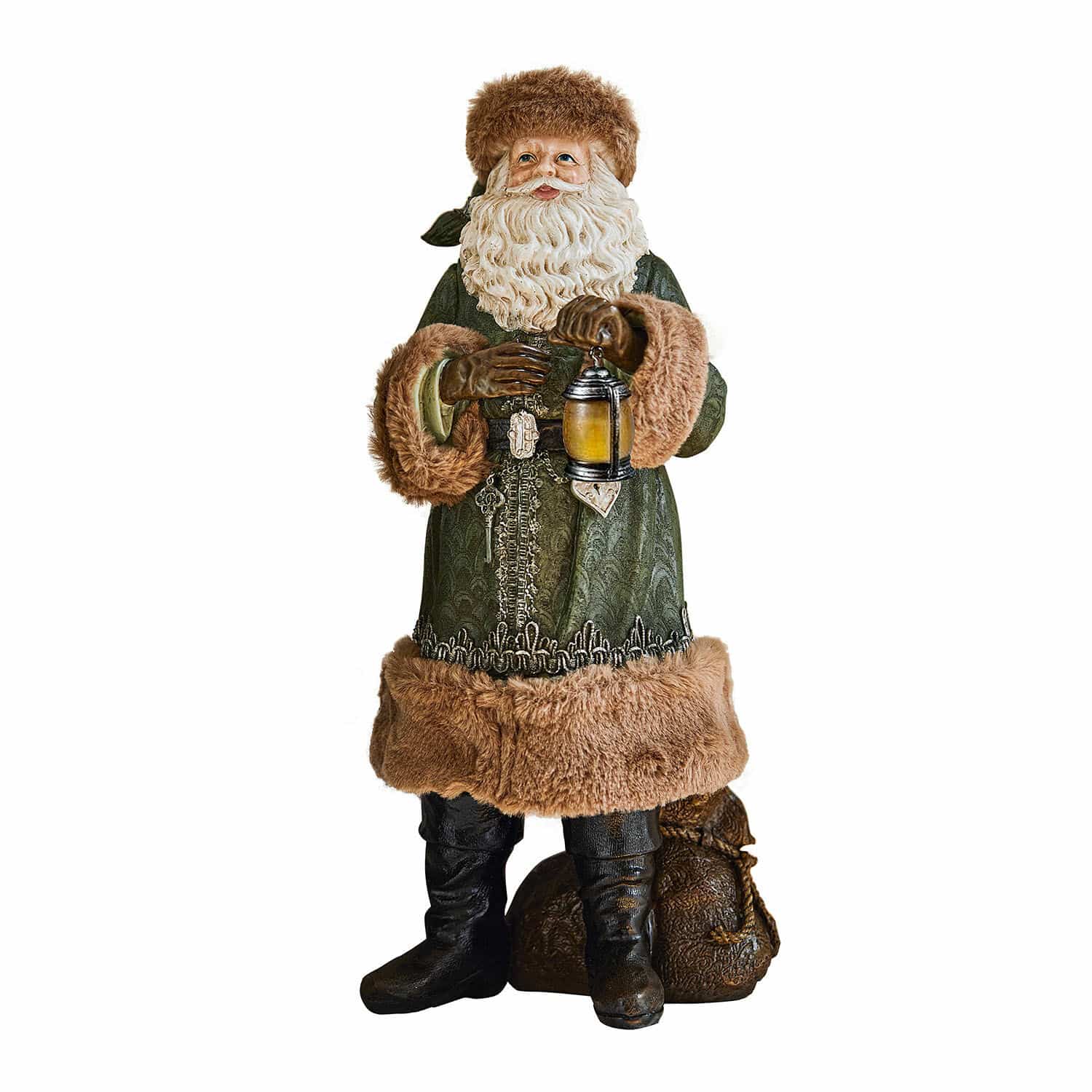 Dekorační Santa Claus Eddi Figurka Santa Clause v zeleném kabátě s kožešinou a lucernou, vánoční dekorace