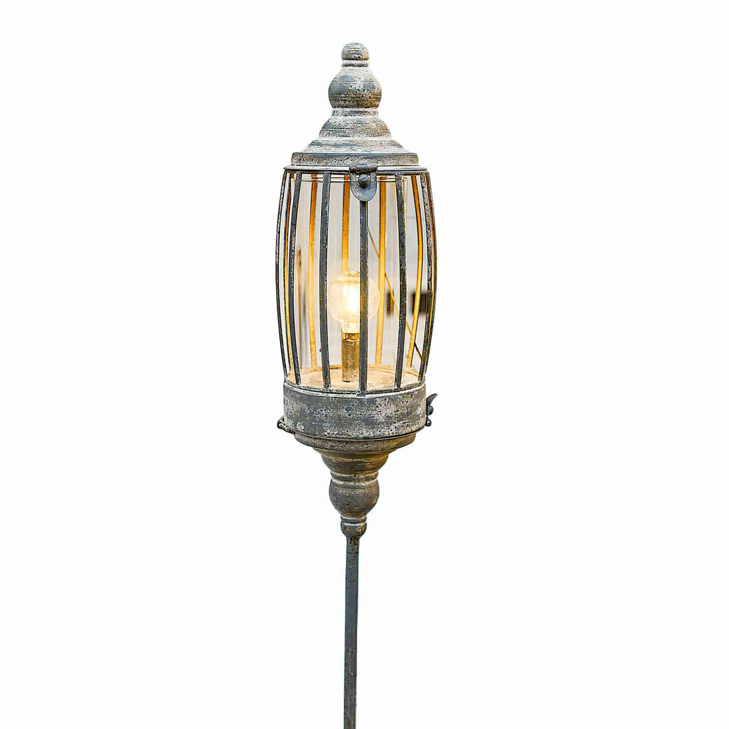 Dobíjecí LED lucerna Lagia Dekorativní zahradní lampa z kovu ve stříbrné patině s žárovkou a mřížkovým krytem