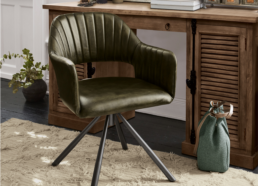 Vintage kancelářská židle ze zelené eko kůže s kovovými nohami, elegantní design