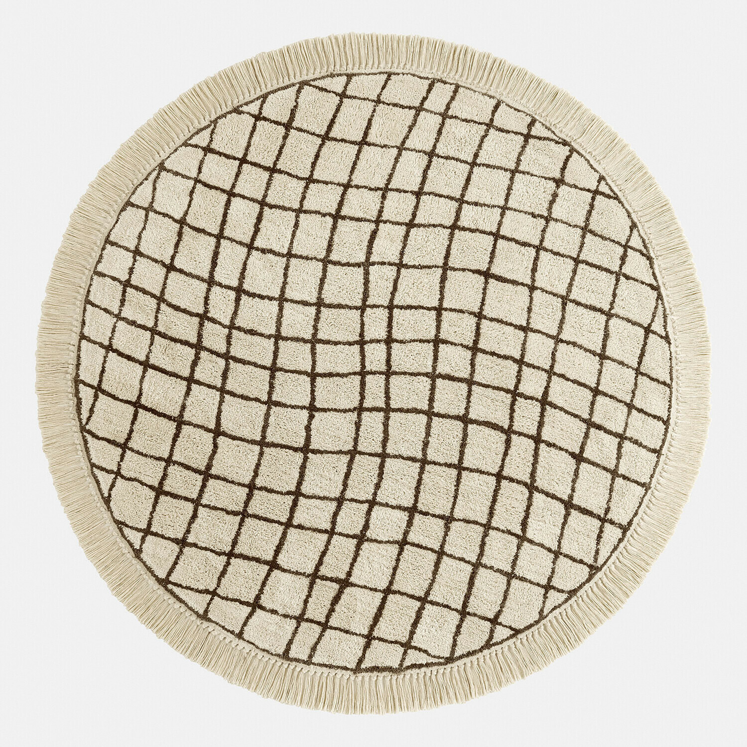 Kulatý bavlněný koberec v krémové barvě s hnědým geometrickým vzorem a třásněmi