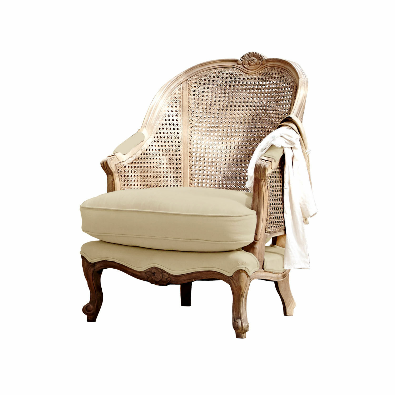 Křeslo Drambon Klasické dřevěné křeslo s béžovým polstrováním, přírodní barva, vintage styl do obýváku