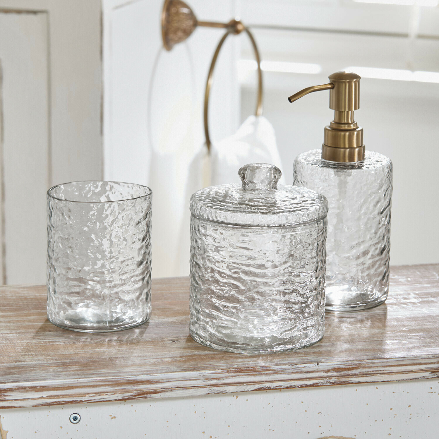 Průhledná skleněná koupelnová sada s dávkovačem a nádobou na mýdlo, zlatý kov