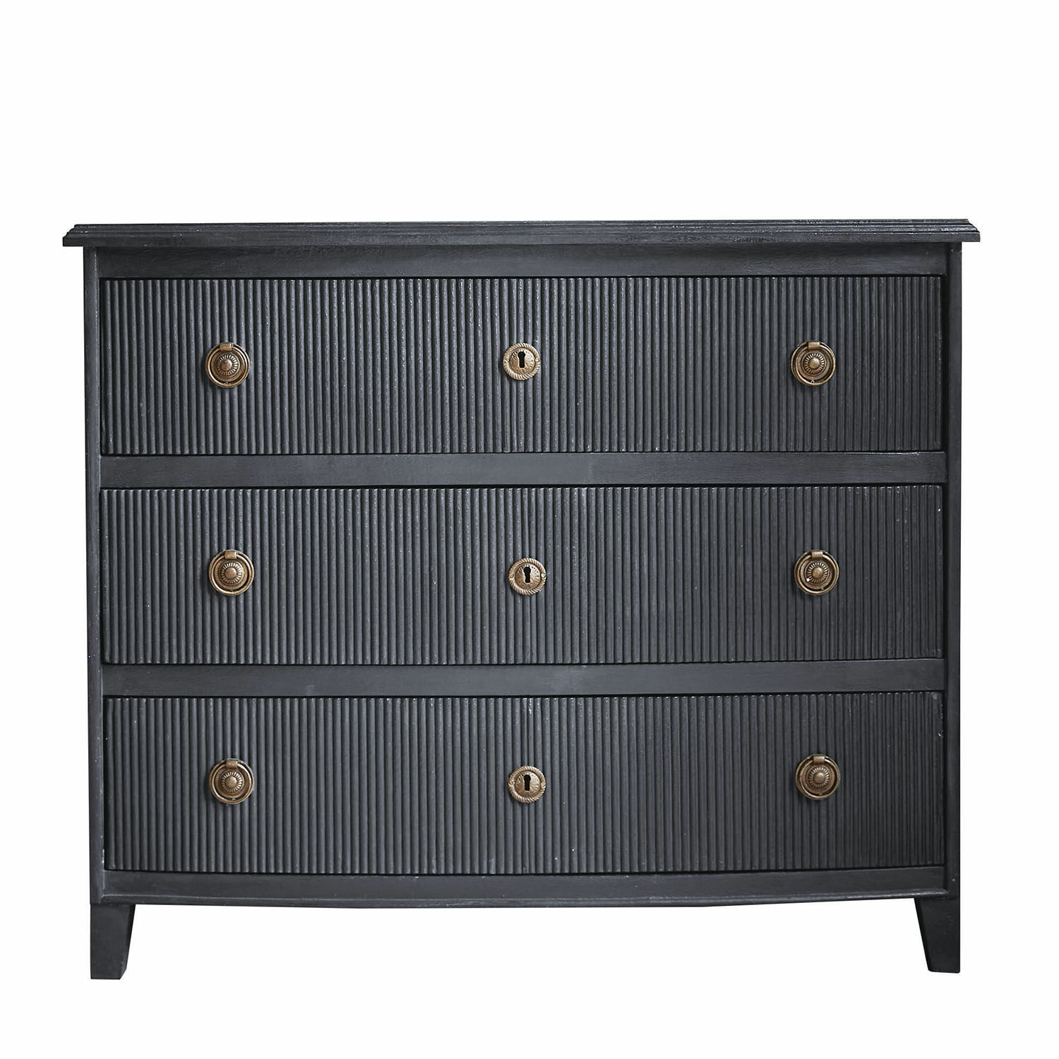 Černá komoda Boissi ze dřeva se třemi zásuvkami a mosaznými úchyty, nábytek do obýváku