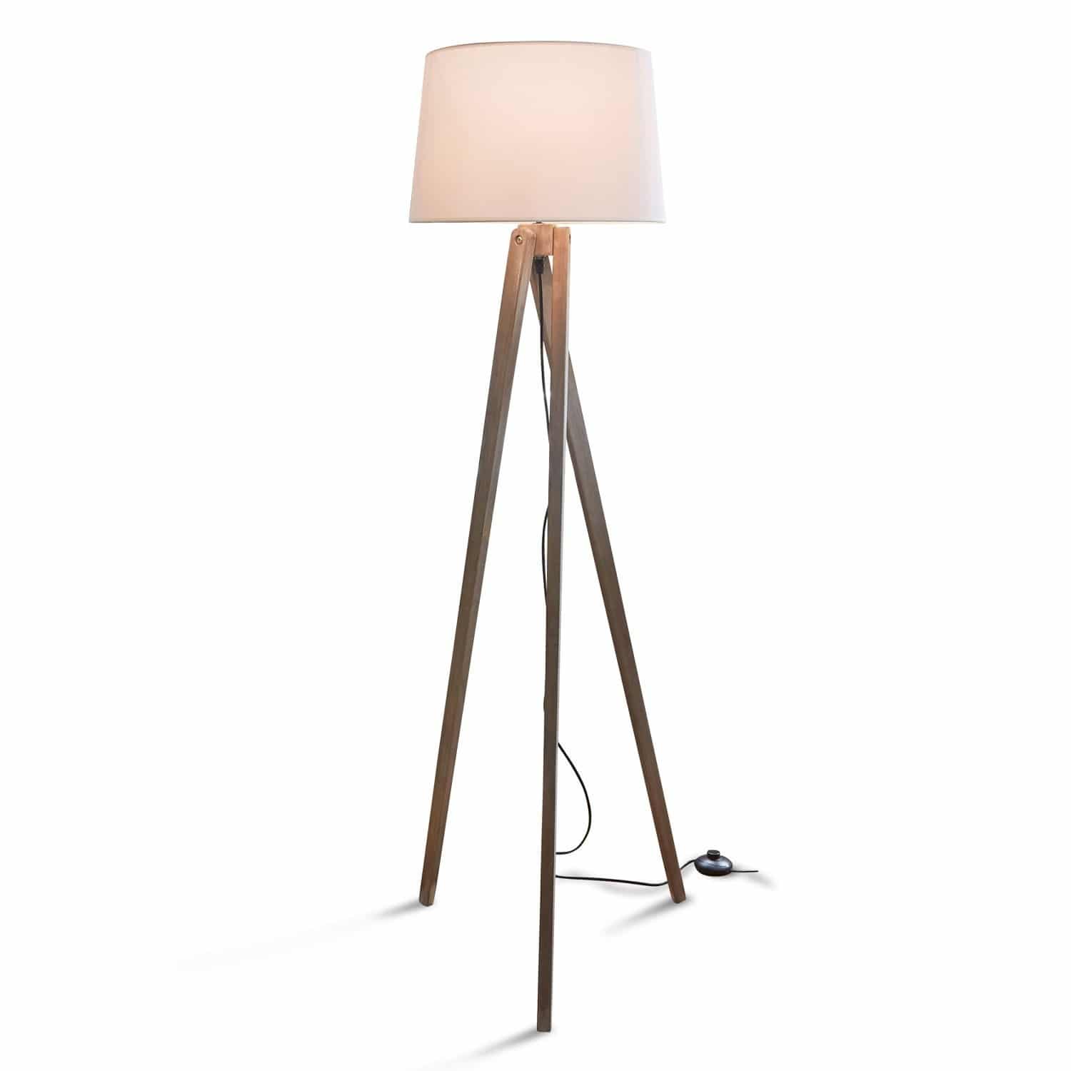 Stojací lampa Troisième Stojací lampa s dřevěným stojanem a bílým stínidlem, moderní design do obývacího pokoje