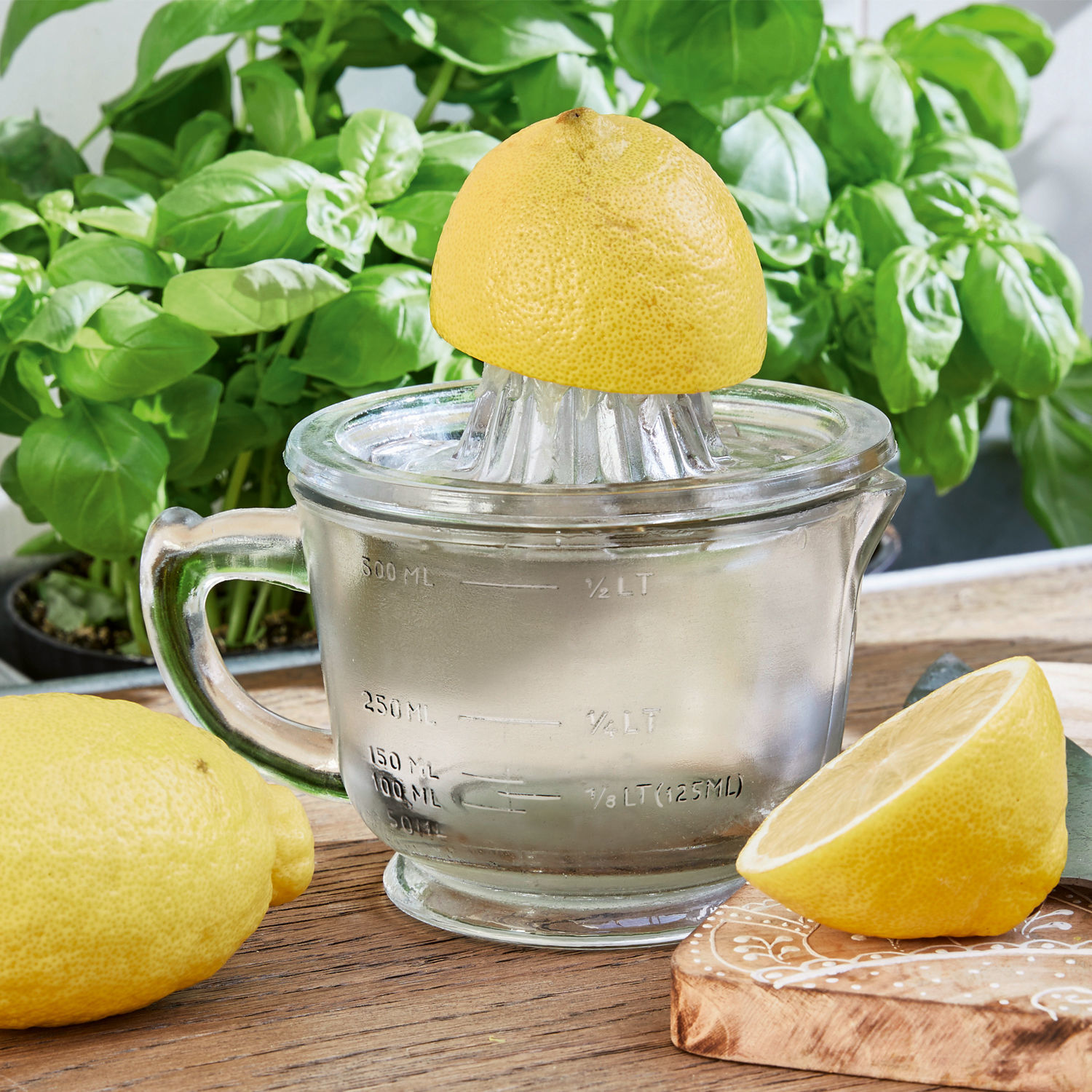 Odšťavňovač na citróny Cindy Skleněný lis na citrusy s měřítkem, žlutý citron na dřevěném prkně, bylinky v pozadí