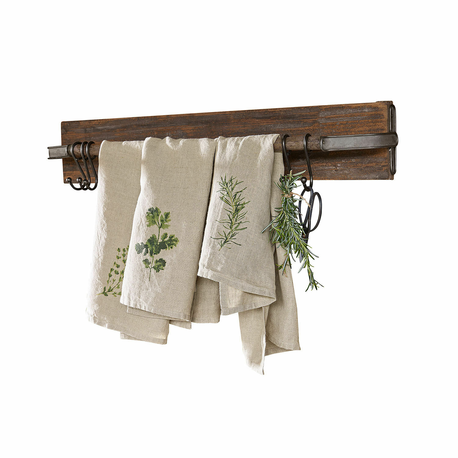 Lišta s háčky Paulding Rustikální dřevěný věšák s kovovými háčky a lněnými utěrkami s potiskem zelených bylinek