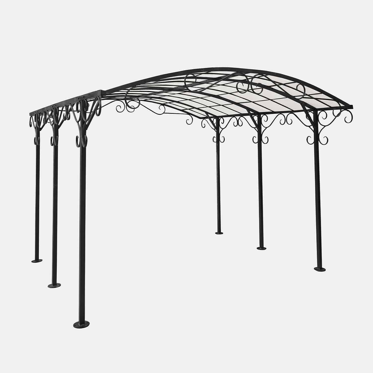 Pergola Delbridge Černá kovová zahradní pergola s ozdobnými křivkami a obloukovou střechou, vhodná na terasu