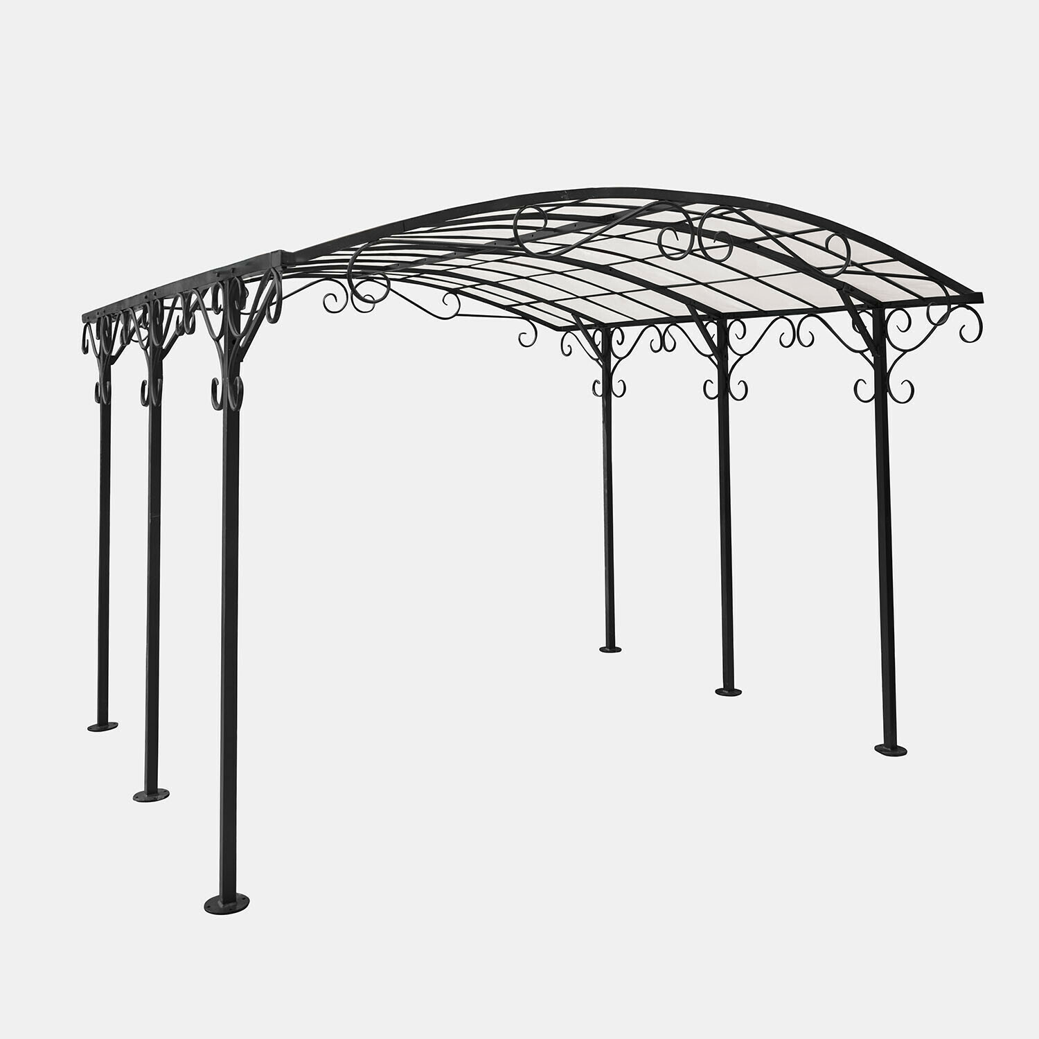 Pergola Delbridge Černá kovová zahradní pergola s ozdobnými křivkami a obloukovou střechou, vhodná na terasu