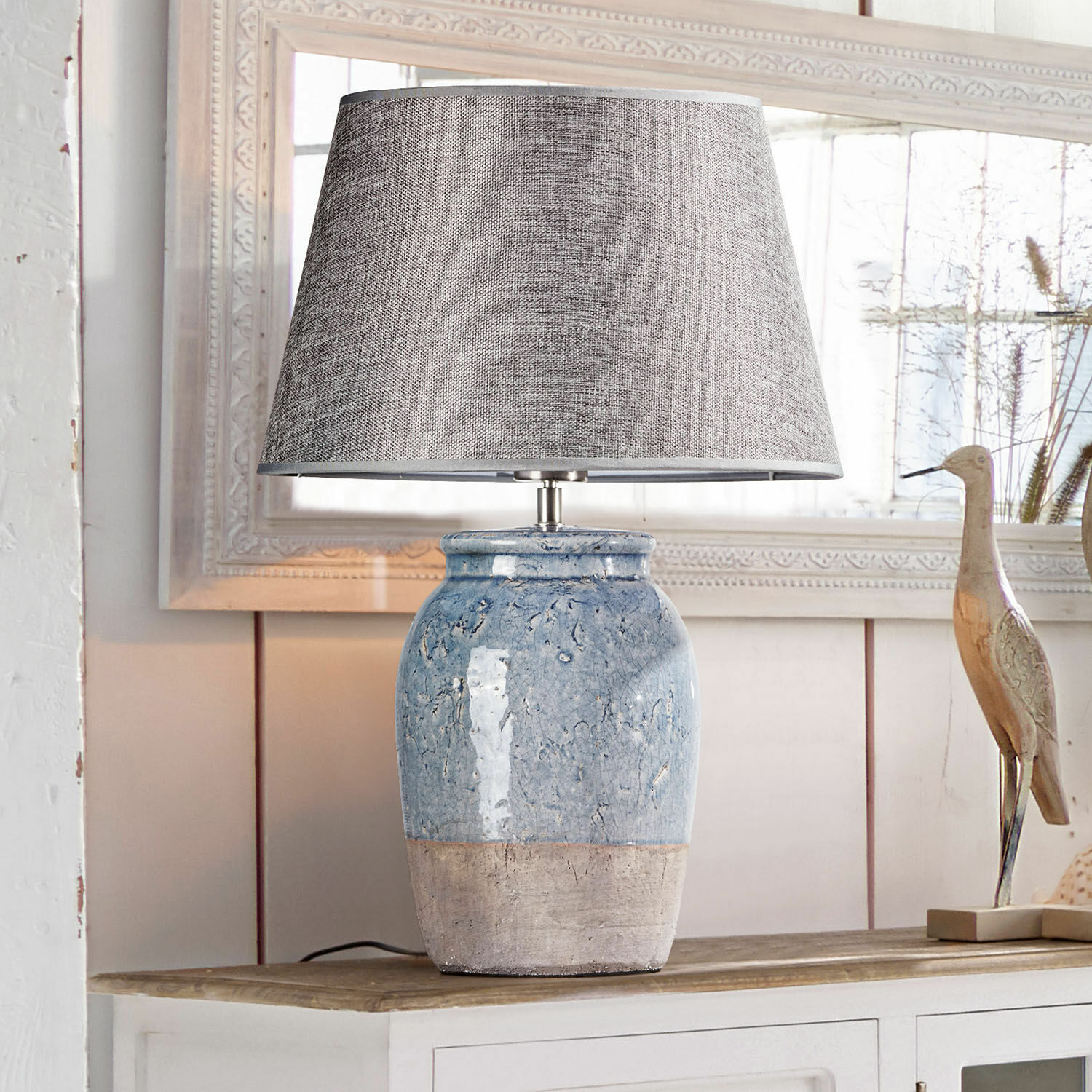 Stolní lampa Manly Stolní lampa z keramiky modro-béžová s šedým stínidlem, dekorace interiéru