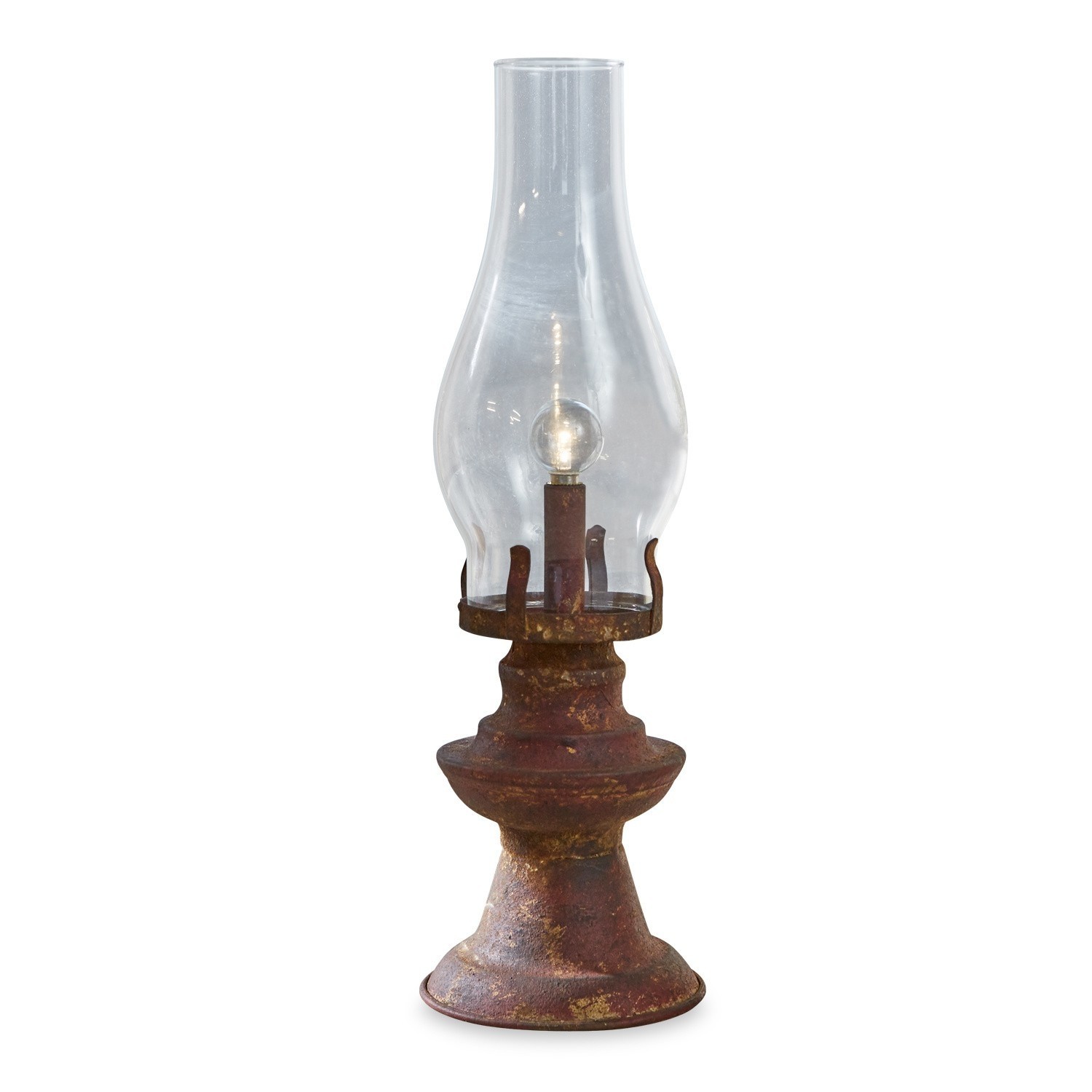 LED – lucerna Quinn Rustikální petrolejová lampa s kovovým podstavcem a skleněným krytem, vintage dekorace